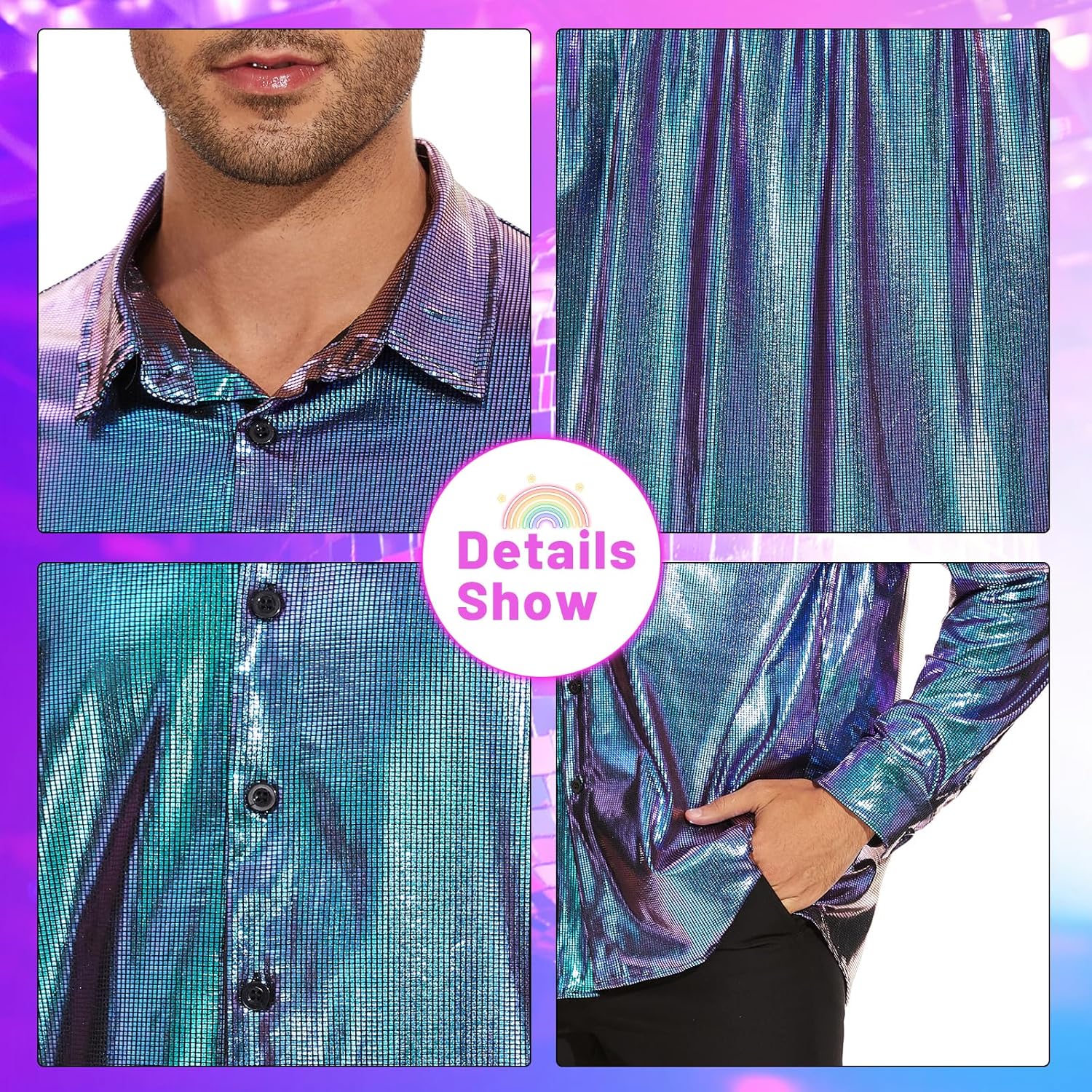 American Trends Mens Disco Outfits Shirts Sequins Long Sleeve Metallic Button Down Shirt 70s Outfits for Men Party Costume - Image 6