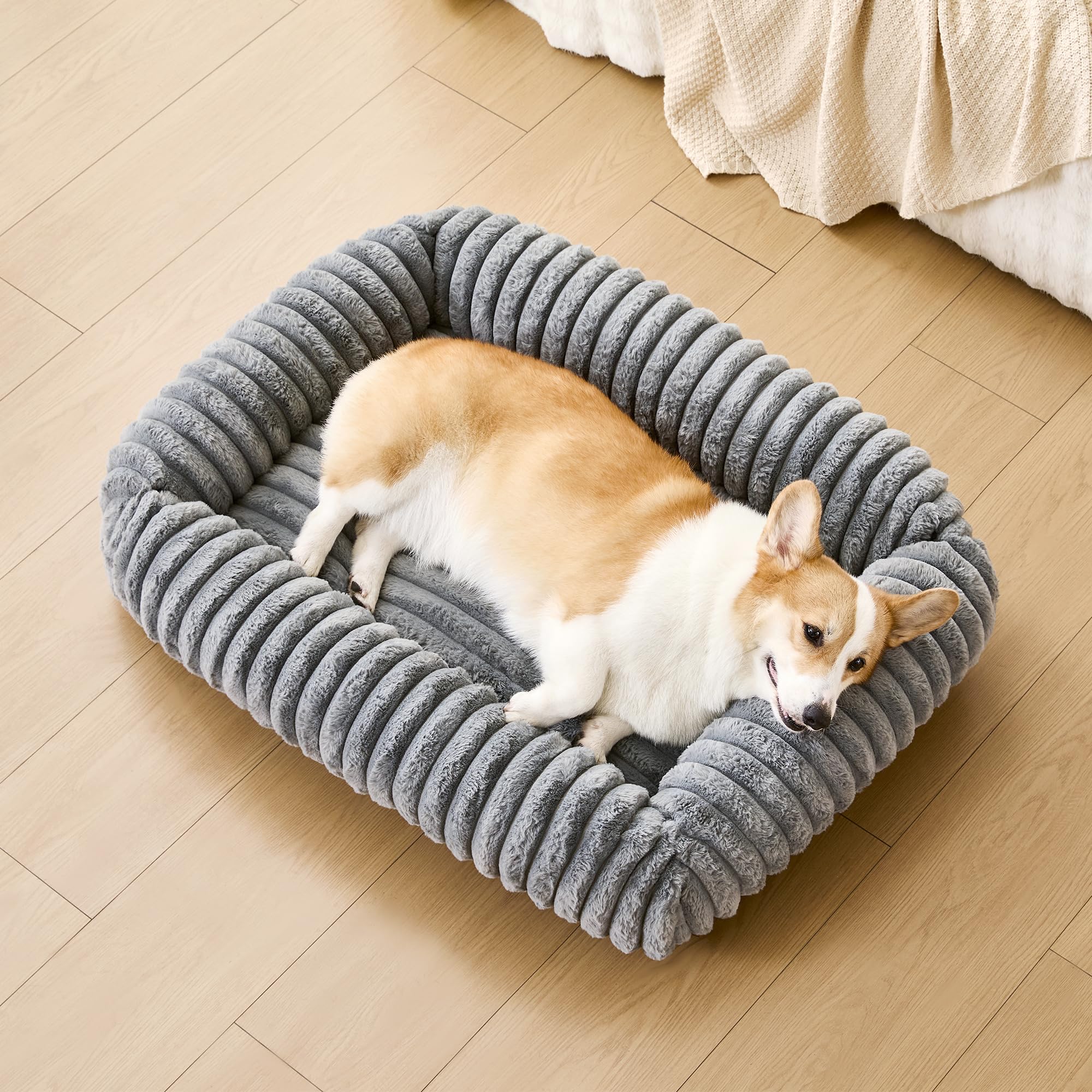 Oveppy Dog Bed Small Washable, Super Soft Rectangle Dog Beds, Warming Furry Pet Bed with Removable Zipper Cover, Grey, 51x48x15cm — image 1