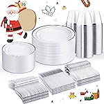 WELLIFE 450 PCS Silver Disposable Dinnerware Set for 75 Guests, Wedding Plates Silver Plastic Plates for Party, Including 75 Dinner Salad Plates, Cups, Forks Knives Spoons for Wedding and Party