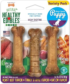 Nylabone Healthy Edibles Puppy Chews - Natural Bacon, Roast Beef & Turkey Apple Flavors, X-Small Petite, Long-Lasting 3-Pack
