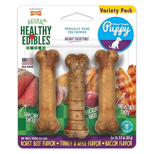Nylabone Healthy Edibles Natural Puppy Chews Long Lasting Treats for Puppies, Roast Beef, Apple & Bacon Flavor, X-Small/Petite (3 Count) - Variety - 2.2 Ounce (Pack of 1)