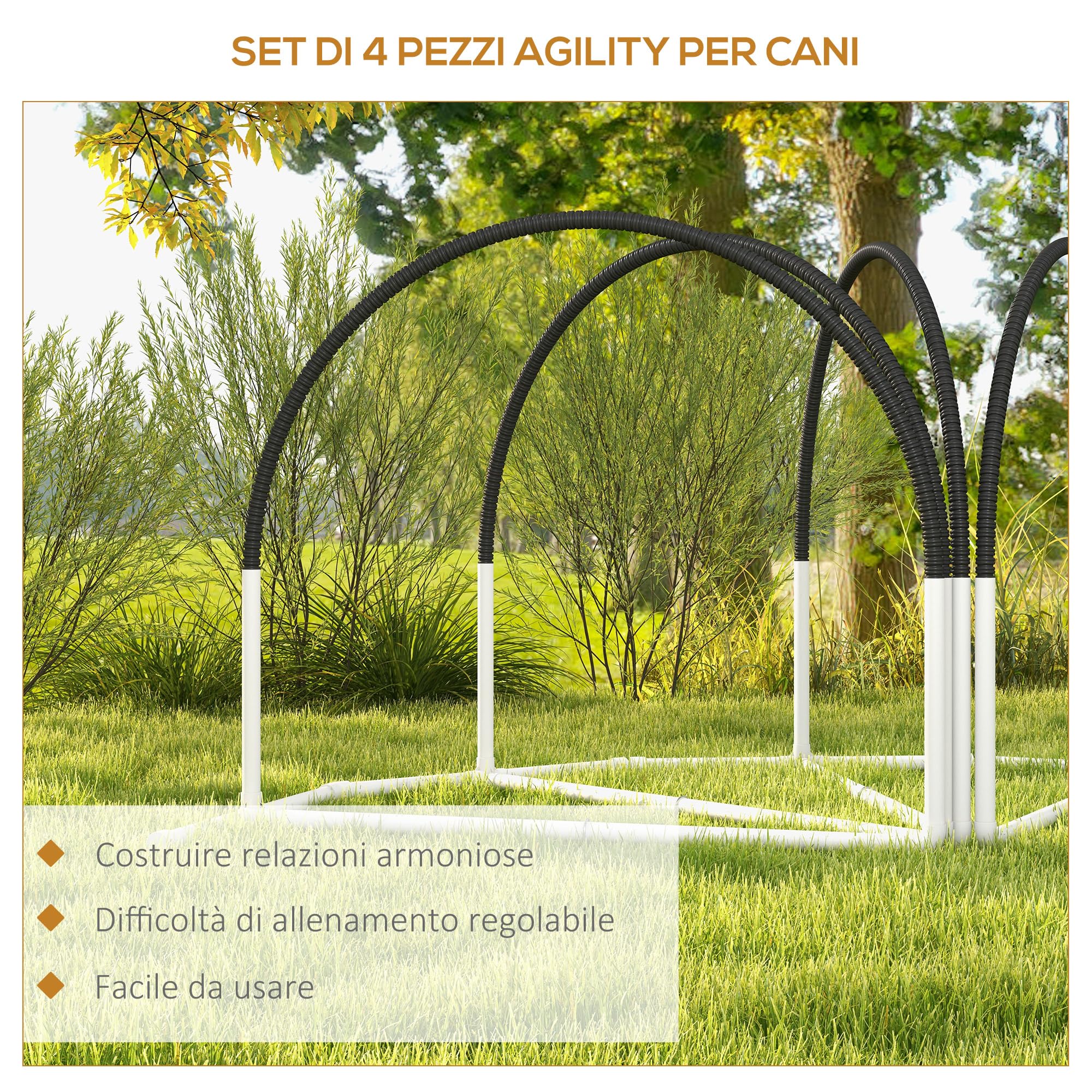 PawHut Set Agility Dog 4 Pezzi con 4 Picchetti, Attrezzatura Agility Dog in PE e ABS con Borsa in Tessuto Oxford, 89x69x99 cm, Bianco e Nero