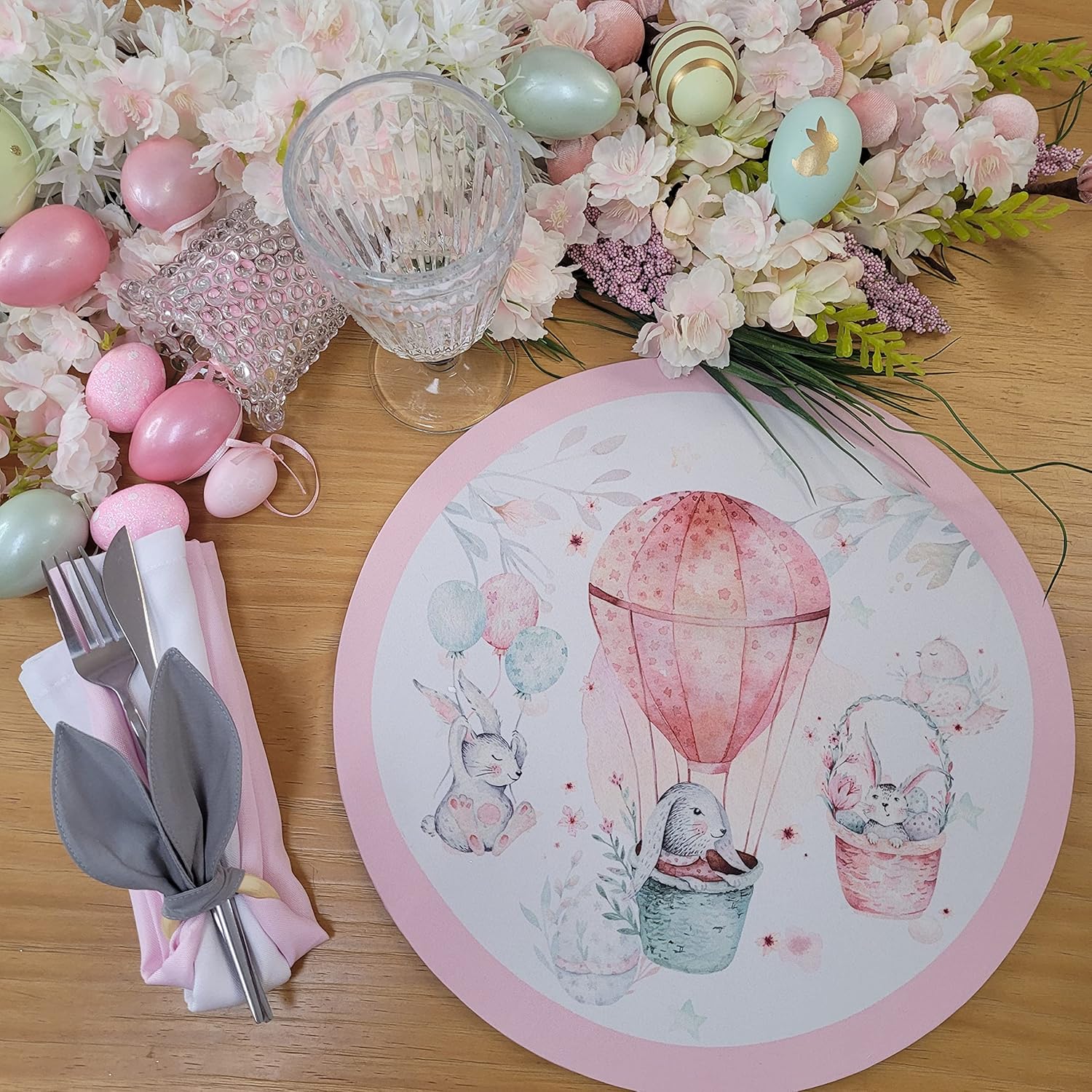 Maison Charlo | Set of 4 Washable Easter Rose Balloon Round Placemat Covers - 14" Diameter for Kitchen and Dining Table