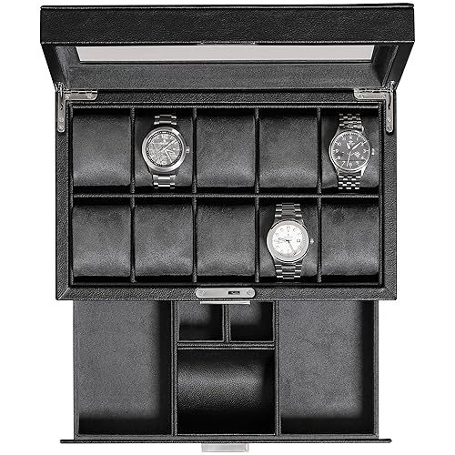 Luxury Watch Case Display Organizer, Jewelry and Sunglass Holder With Large Glass top (Black/Grey)