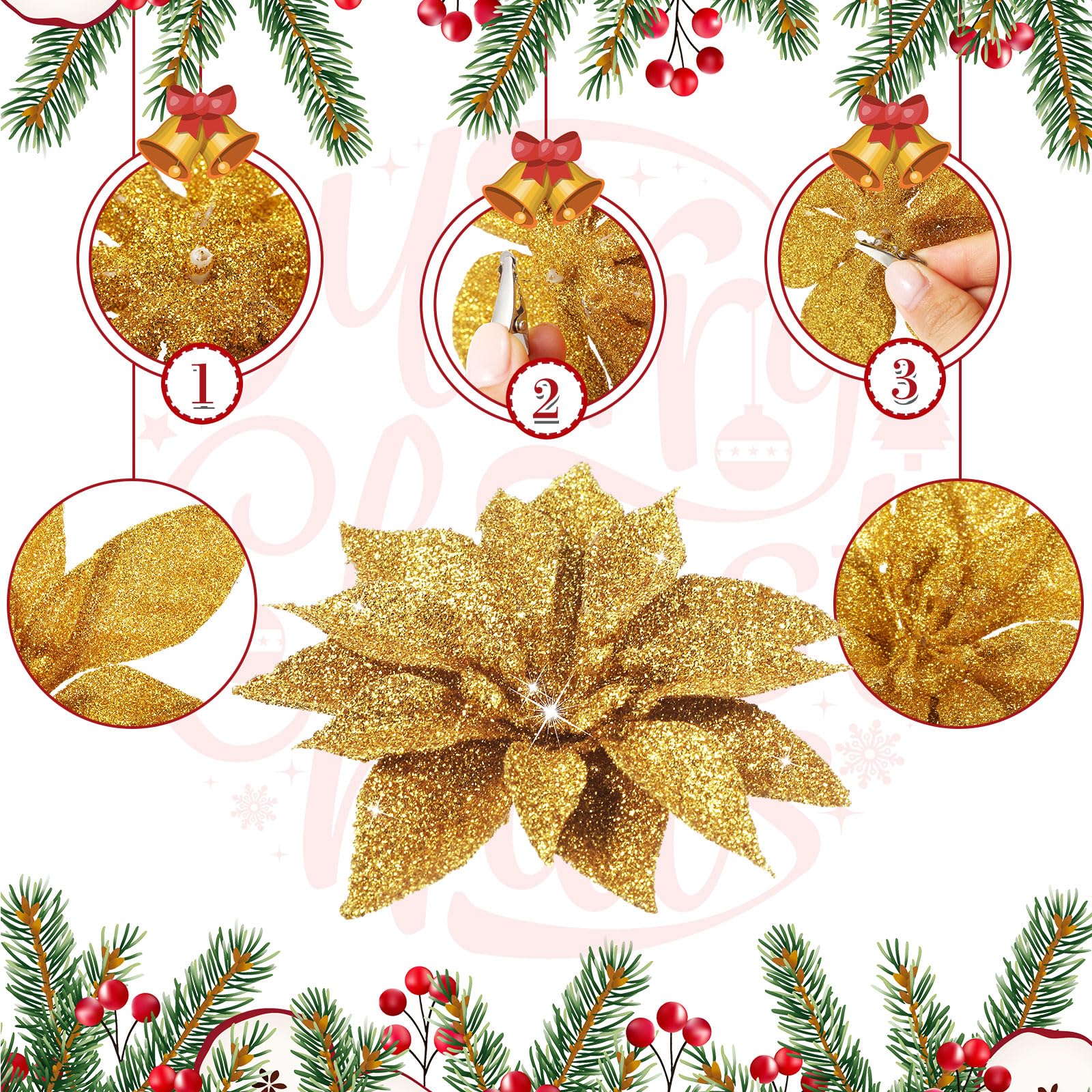 36 Pcs Christmas Glitter Poinsettia Flowers Magnolia Artificial Poinsettia Christmas Decorations Xmas Decorations Flowers with Clips Flower Ornaments for Christmas Tree Wreath 3 Sizes (Gold) - Image 2