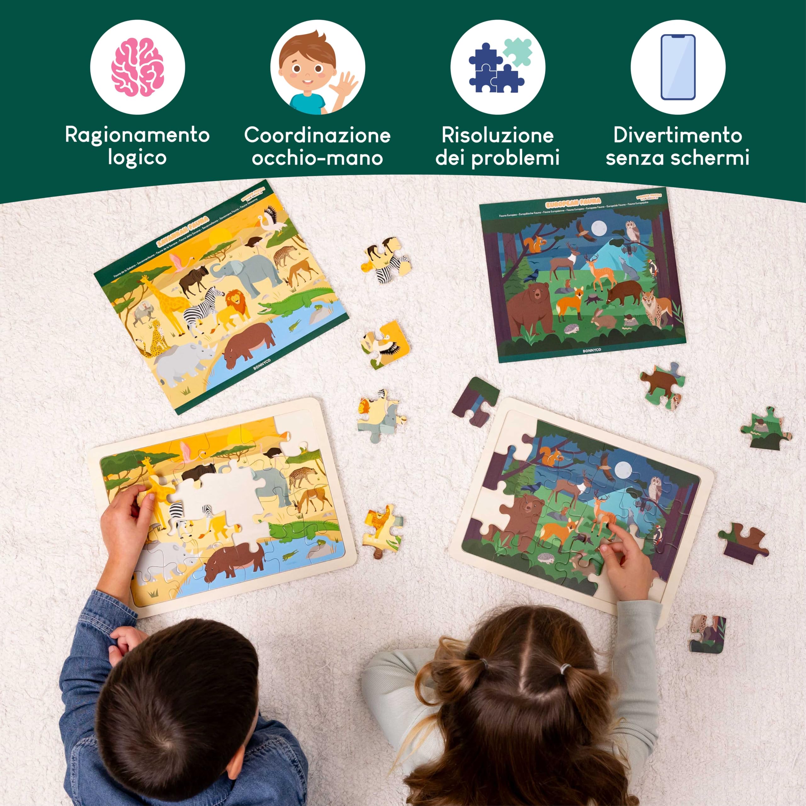 BONNYCO Puzzle Legno Bambini 6 Sets 24 Pcs Animali Ecosistemi Giochi Educativi Regalo Bambino Bambina Natale