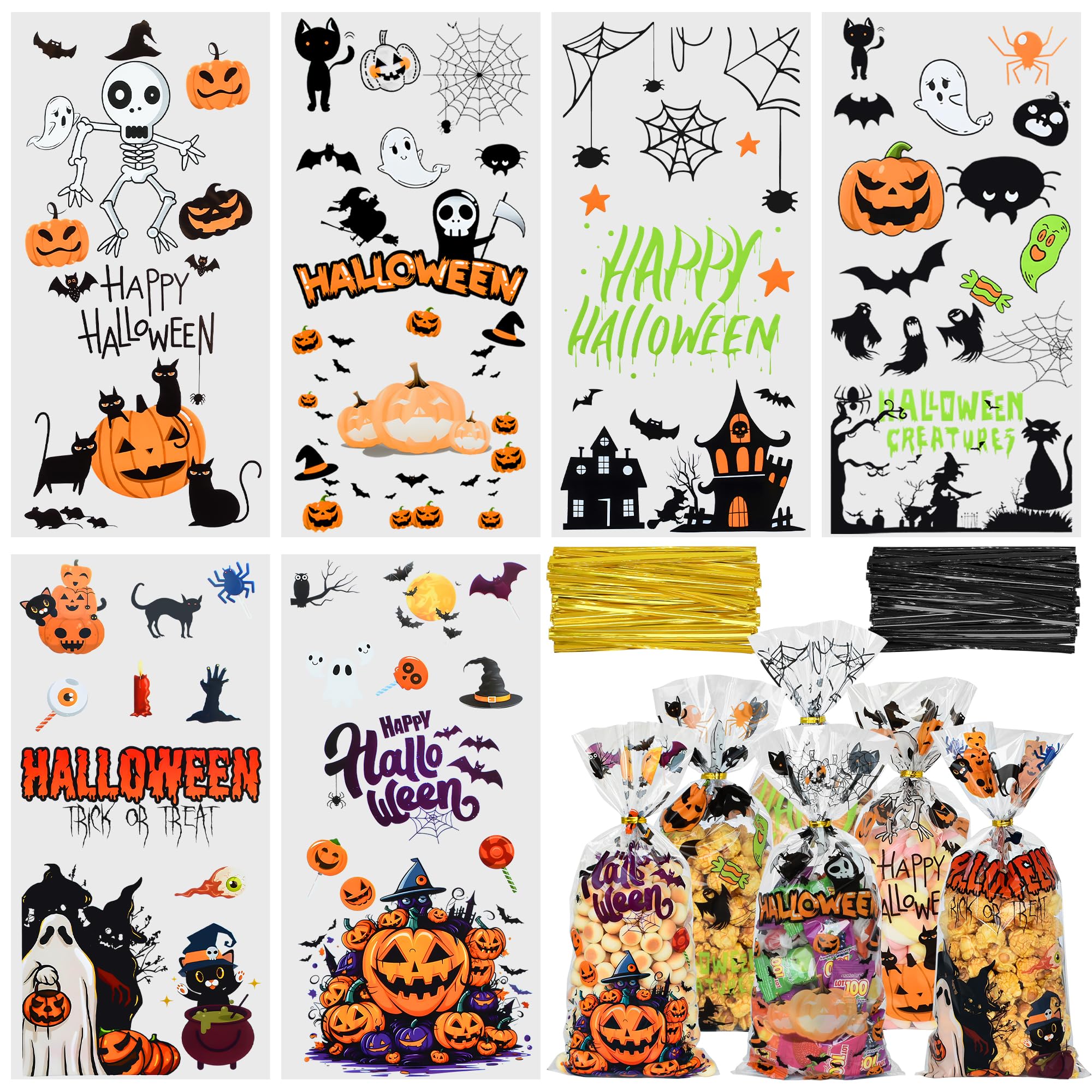 Twavang 150 Pcs Halloween Cellophane Treat Bags, Halloween Trick or Treat Goodie Bags with 170 Pcs Twists for Snacks Cookies Packing (10.8 x 4.9