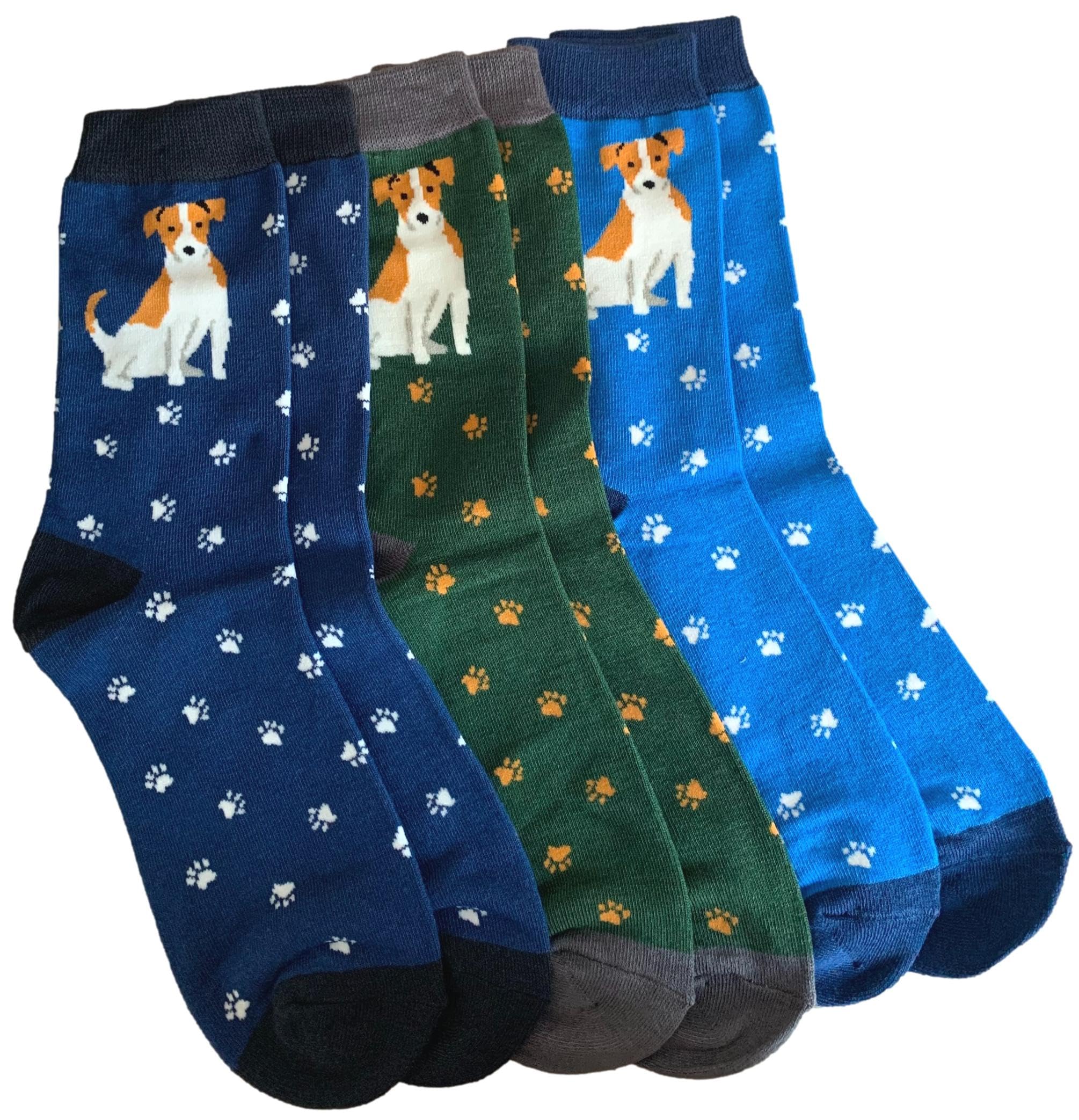 Purple Possum® Jack Russell Dog Socks Men's 3 Pair Pack of Novelty Paw Print Socks in Navy Blue and Green