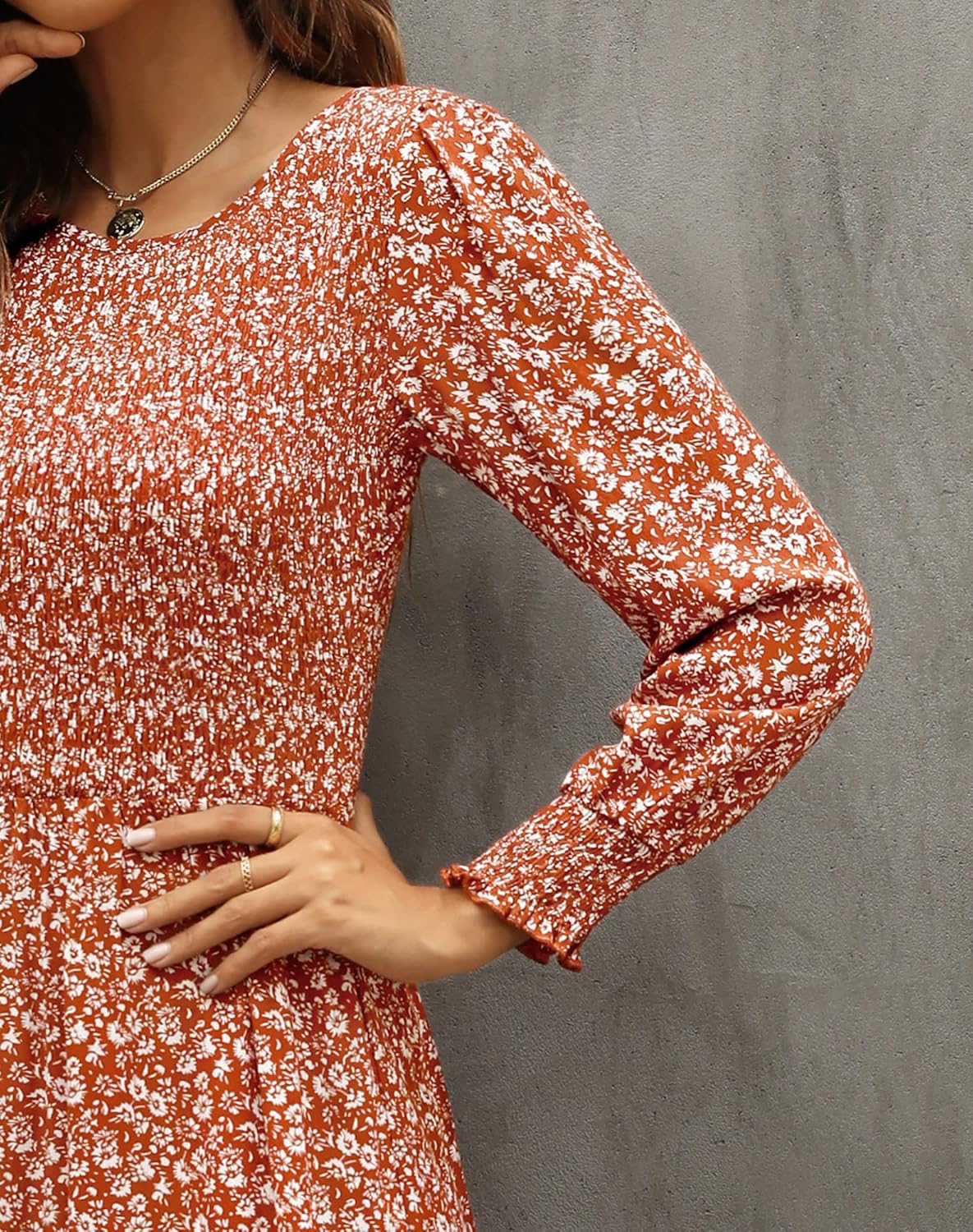 Annebouti Women's 2026 Spring Casual Long Sleeve Maxi Dress Boho Floral Smocked A-Line Modest Wedding Guest Long Dresses - Image 5