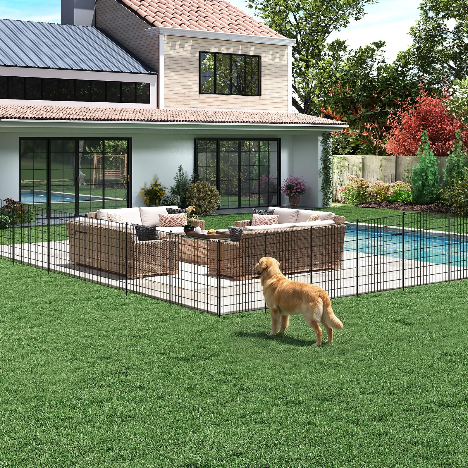 SUNYRISY 13 Panels Metall Gartenzaun Steckzaun 100cm H | 8,5 m L Hundezaun Mit Tür, Hühnerzaun Mobiler Zaun für Haustier, Tierbarriere, Bordüre für Hof, Terrasse, Keine Graben