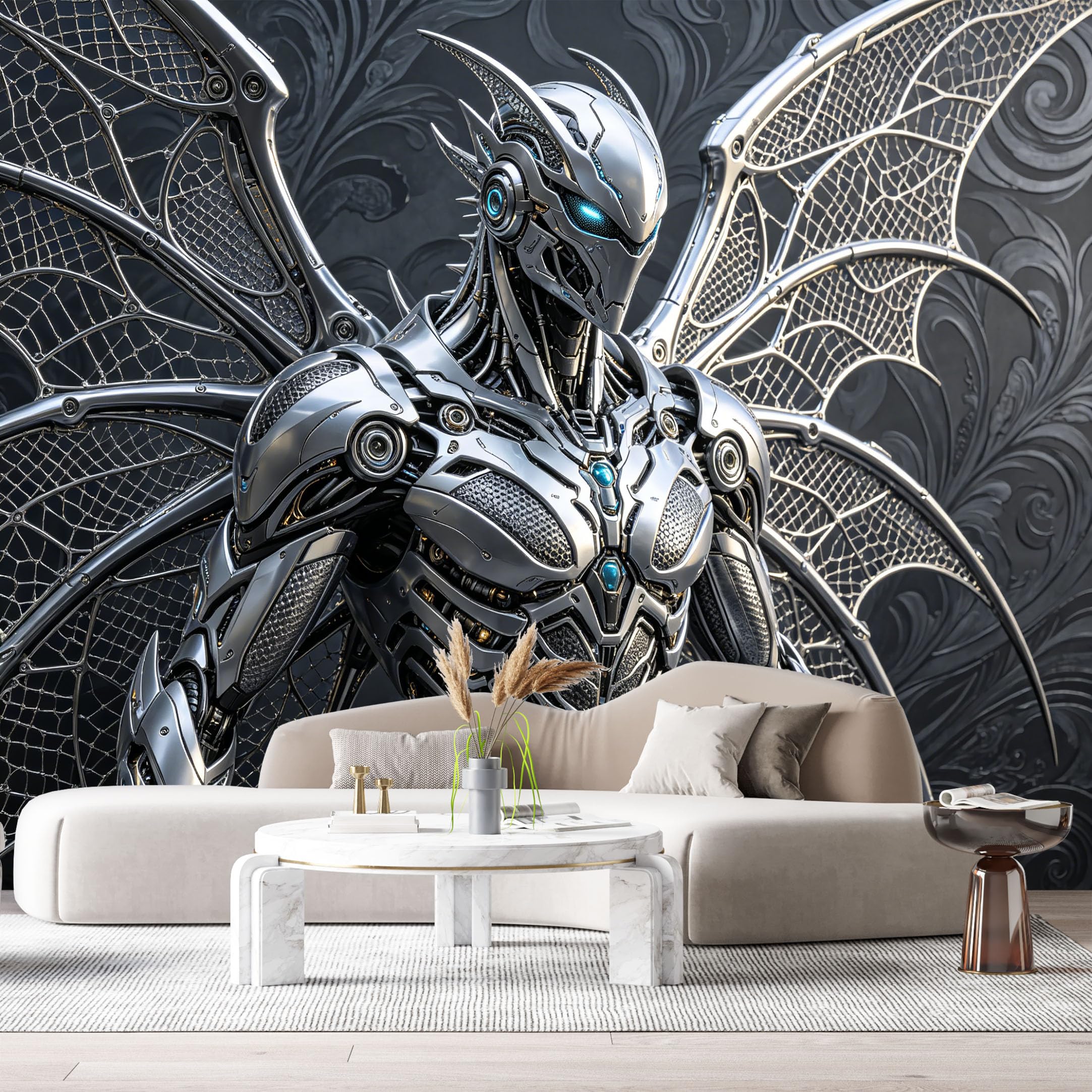 Custom Size Wall Murals Futuristic Cybernetic Angel Robot 3D Trompe L'Oeil Industrial Modern SelfAdhesive Wall Fabric Removable Large Wallpaper Photo for Living Room