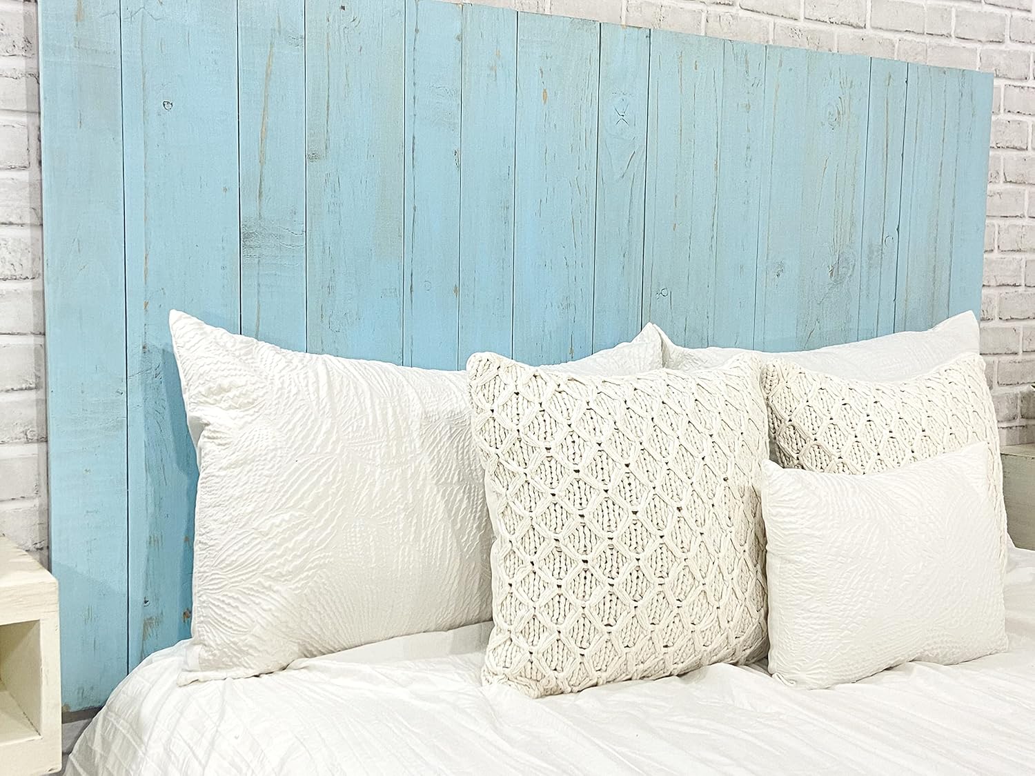Barn Walls Baby Blue Headboard, Cottage Design Weathered, Solid Wood Headboard Floating Panels Wall Mount, Adjustable Height Easy Assembly, Queen Size