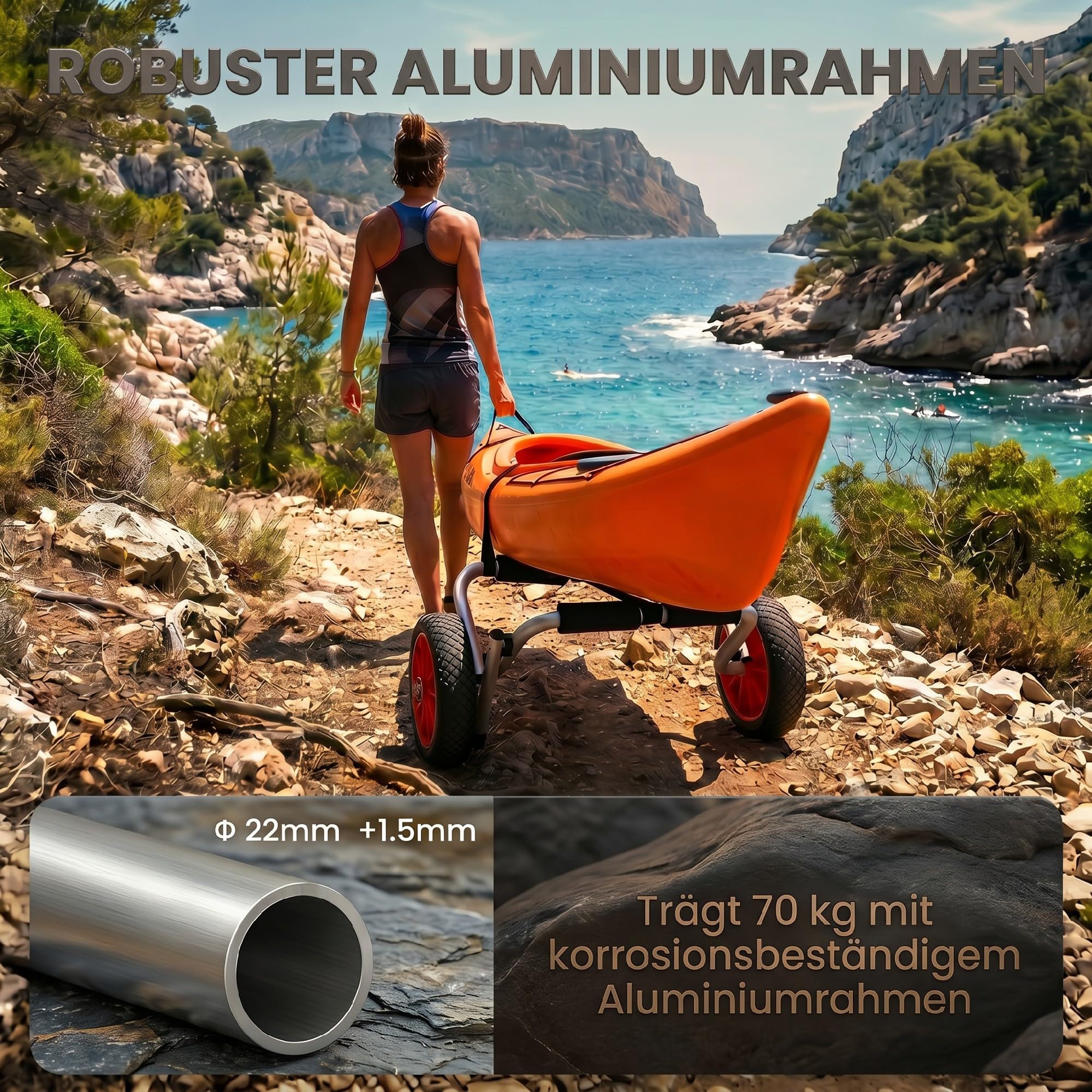 Outsunny Transportwagen Klappbar Alu Kajakwagen bis 70 kg mit Spanngurten und luftlosen Stollenreifen, Bootswagen Surfwagen Kanuwagen Bootstrailer Trolley für Schlauchboot