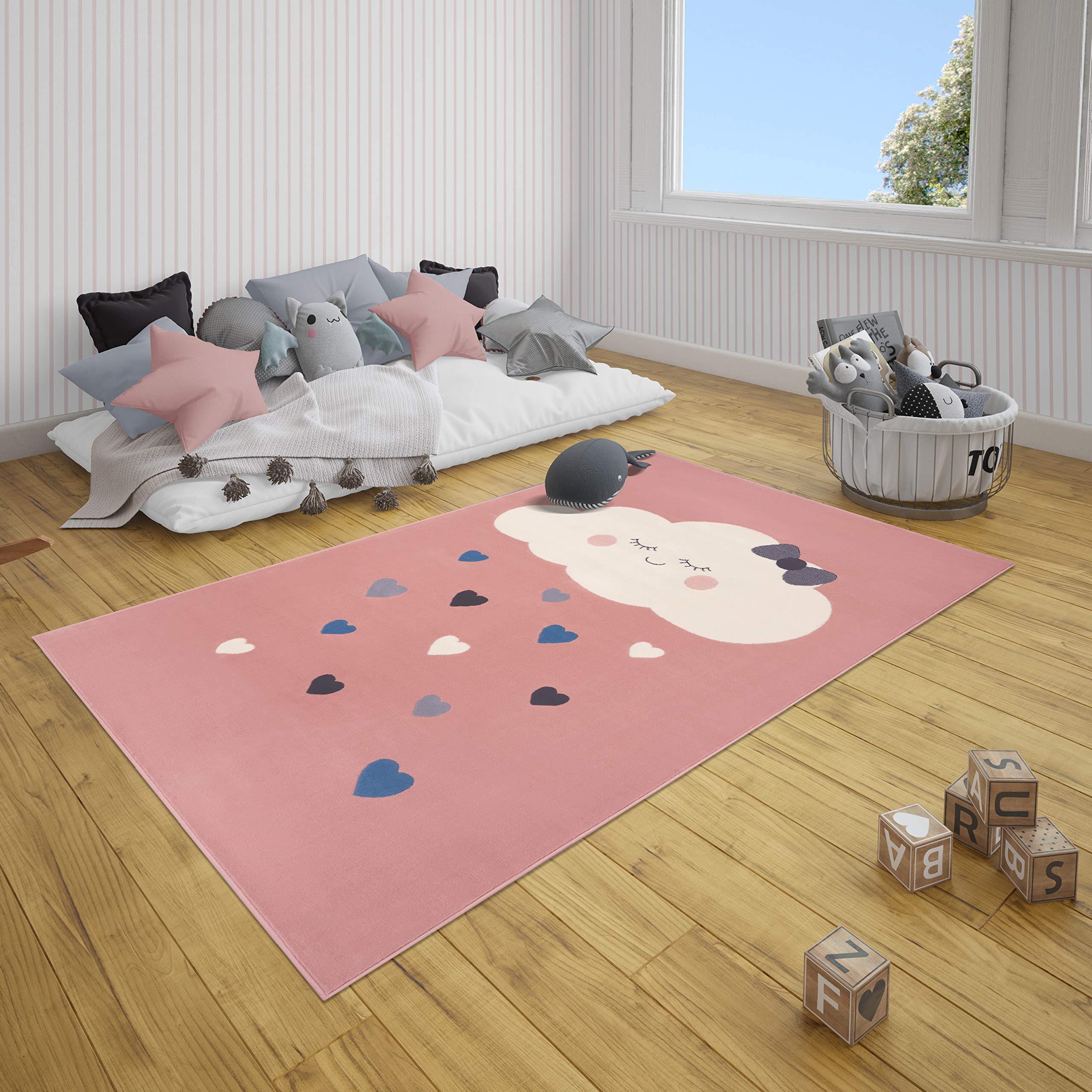 Tapis de jeu facile d'entretien rose à poils courts pour chambre d'enfant