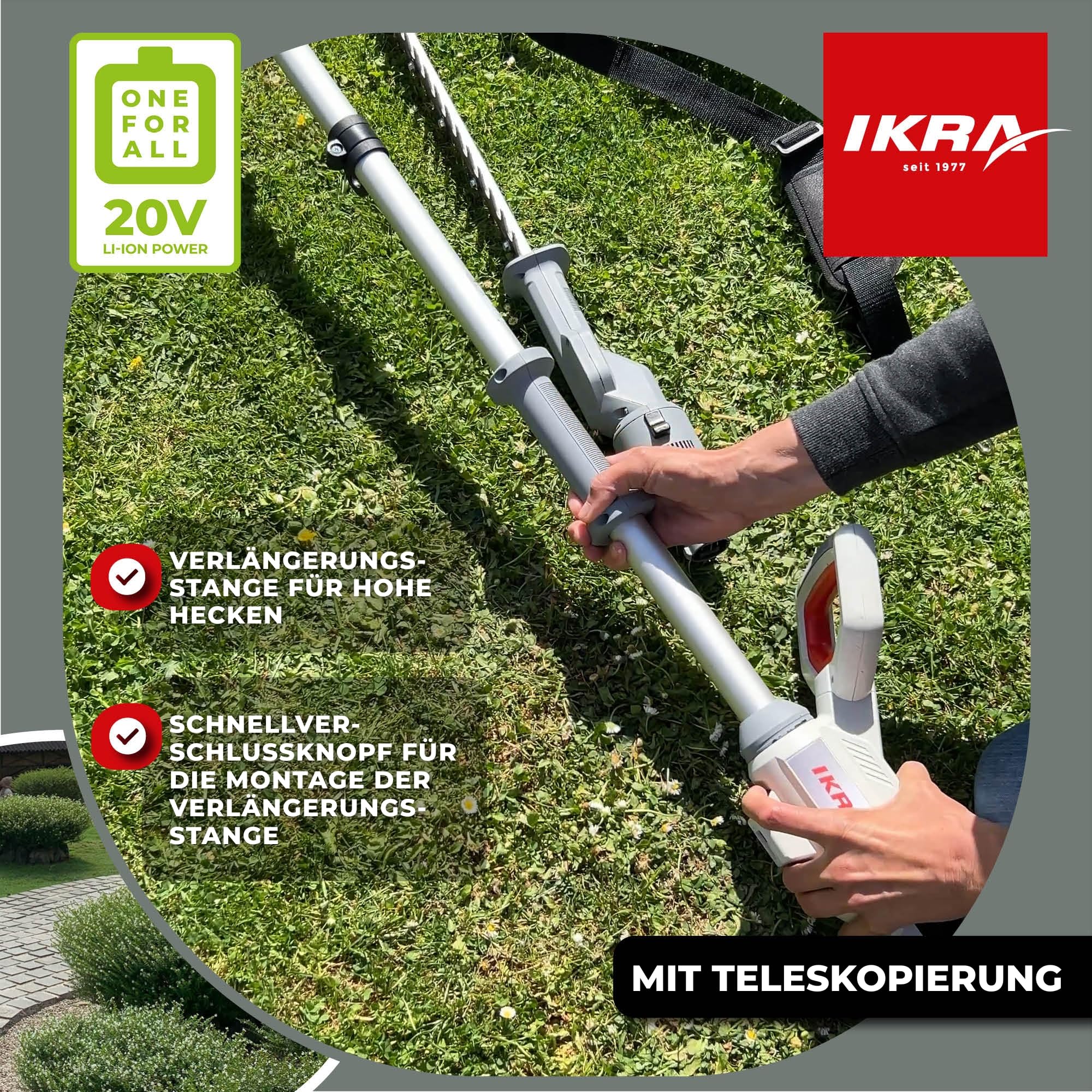 IKRA 2in1 Teleskop Heckenschere ICPH 2050, inkl 2 Akkus & Schnelllader | Einsetzbar für normale Hecken oder mit Teleskopierung für hohe Hecken, inkl. Schultergurt, 20 Volt Akku-Familie von IKRA