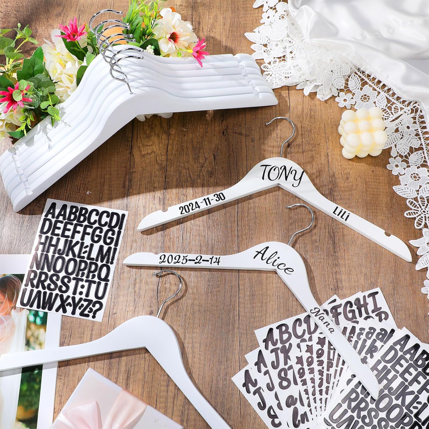Colingmill Personalized Bride Hanger for Wedding Dress, Wooden Bridesmaid Hangers 10 Pack and 15 Pcs Letter Stickers for Tuxedo Suit Wedding Gift Bridal Party Shower DIY Special Names Dates (White)