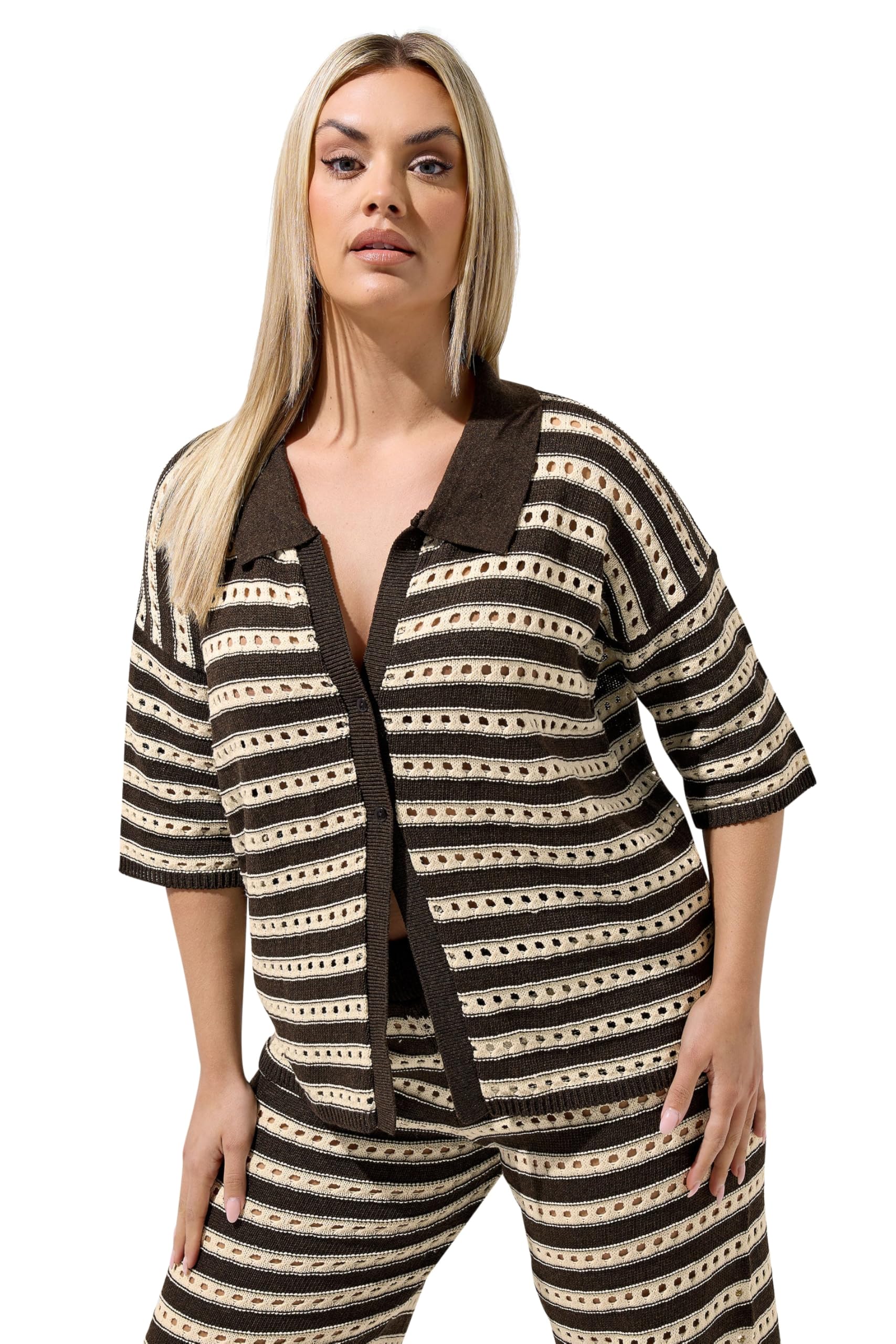 Yours Limited Collection Curve Brown Stripe Crochet Shirt - Women's - Plus Size Curve