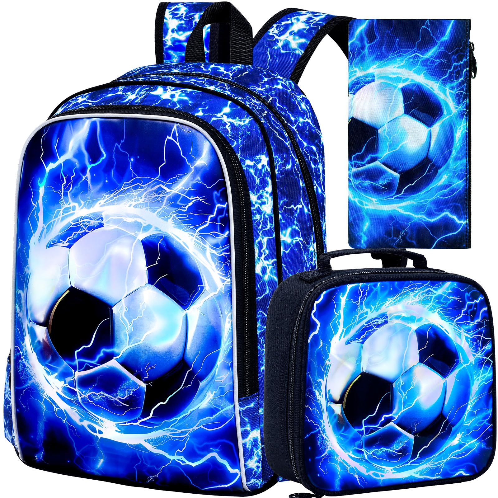KLFVB 3PCS Kids Backpack, 17" Boys Football Bookbag and Lunch Box, Water Resistant Teenagers School Backpacks for Middle Elementary - Lightning Soccer