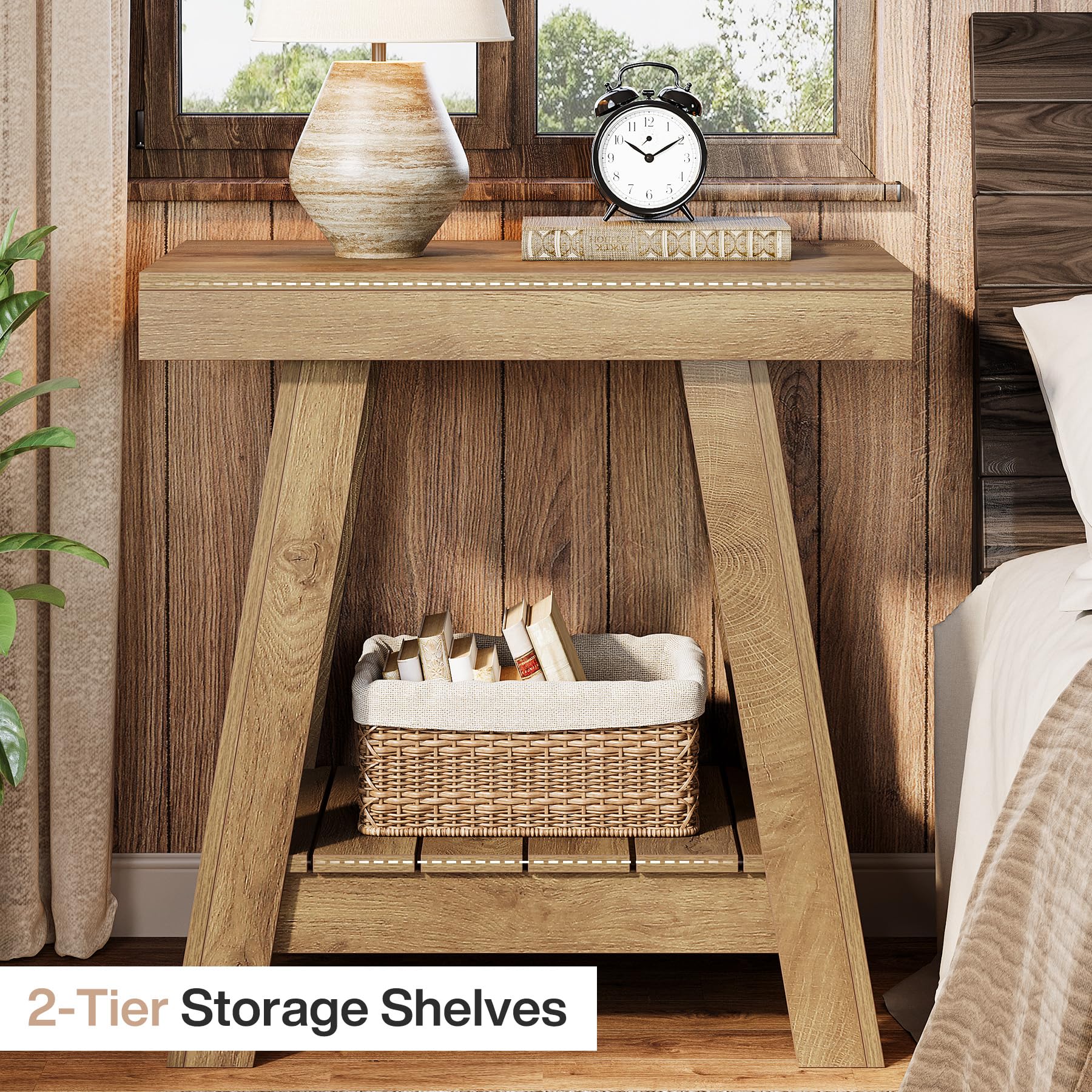 Tribesigns 2-Tier Wooden End Table, Farmhouse Style, Rustic Grey, Small Sofa Side Table with Storage, Slim Nightstand for Living Room, Bedroom, Brown