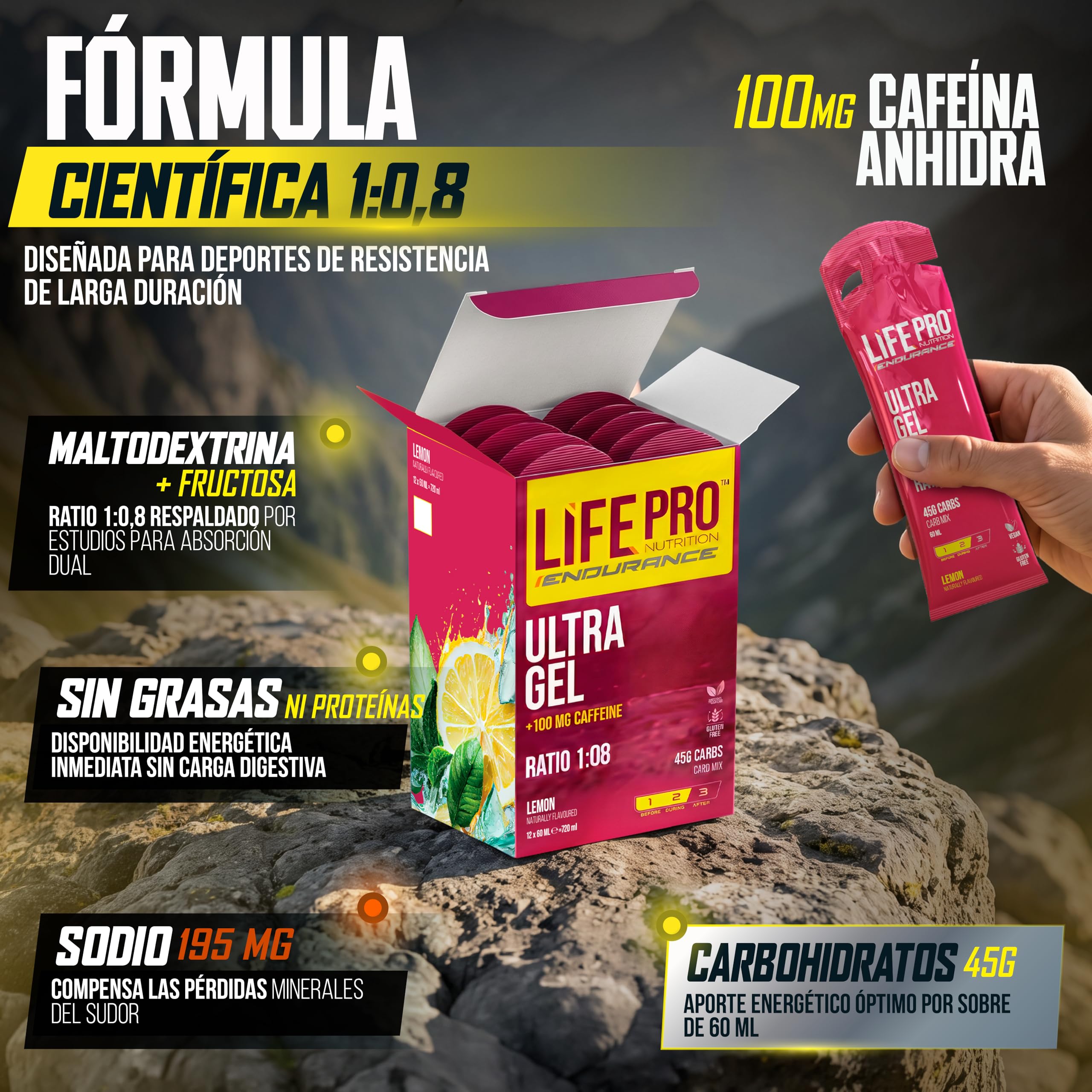 Life Pro Endurance Ultra Gel 1:08 12X60Ml - Gel energetico + caffeina per atleti di resistenza, corridori, ciclisti e triatleti con carboidrati ed elettroliti a rapido assorbimento - Limone
