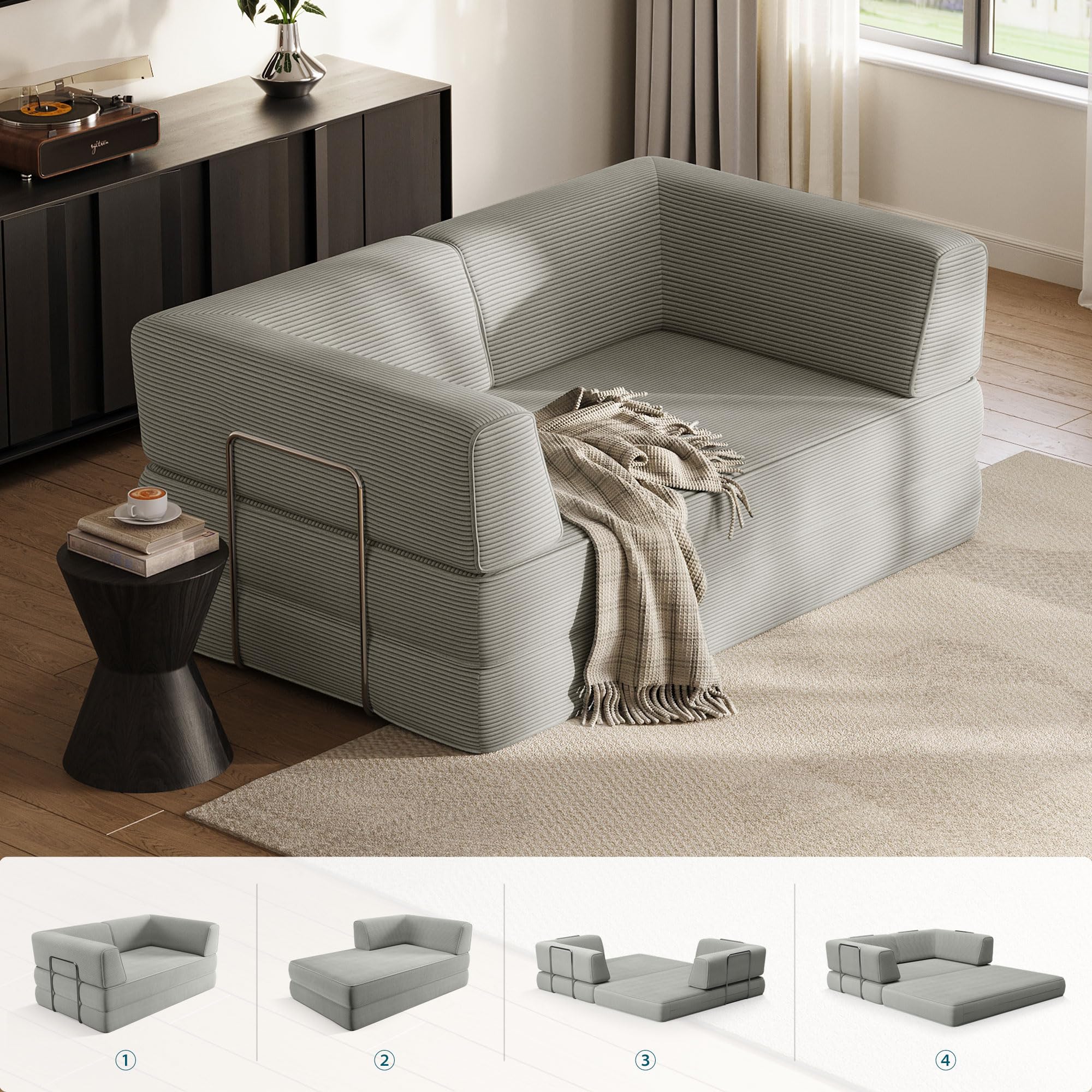 LINSY HOME Sofa z funkcją spania – sofa podłogowa z poduszką na plecy – rozkładana sofa do spania o szerokości 160 cm – tkanina sztruksowa do salonu, sypialni