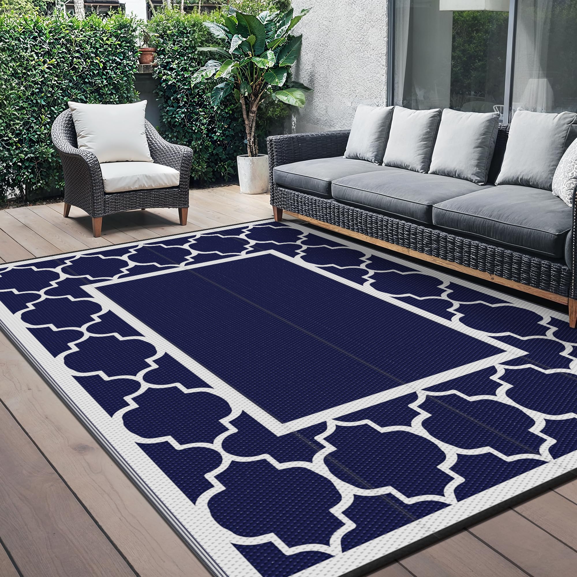 GENIMO Outdoor Garden Rug 245x300cm – Waterproof Reversible Plastic Carpet, Washable Mat for RV, Patio, Camping, Deck & Picnic – Blue & White