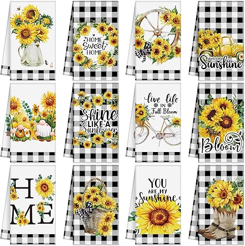 Buryeah Juego de 12 toallas de cocina de girasol, juego de toallas de primavera a granel, toallas de mano decorativas de sol, toallas de plato de
