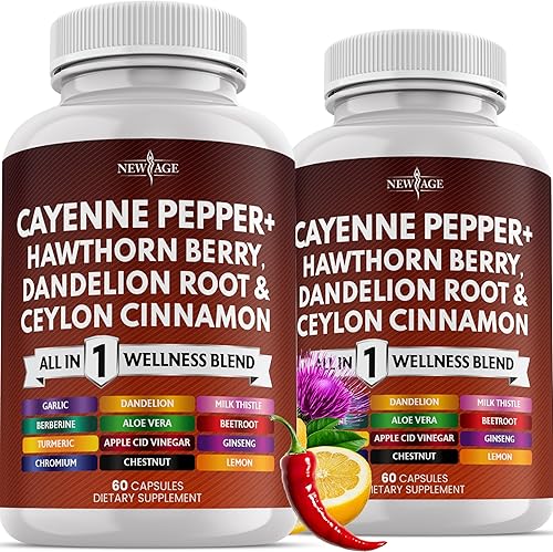 NEW AGE Suplemento de cápsulas de pimienta de cayena con bayas de espino, raíz de diente de león, canela de Ceilán, ajo, jengibre, ACV, cardo