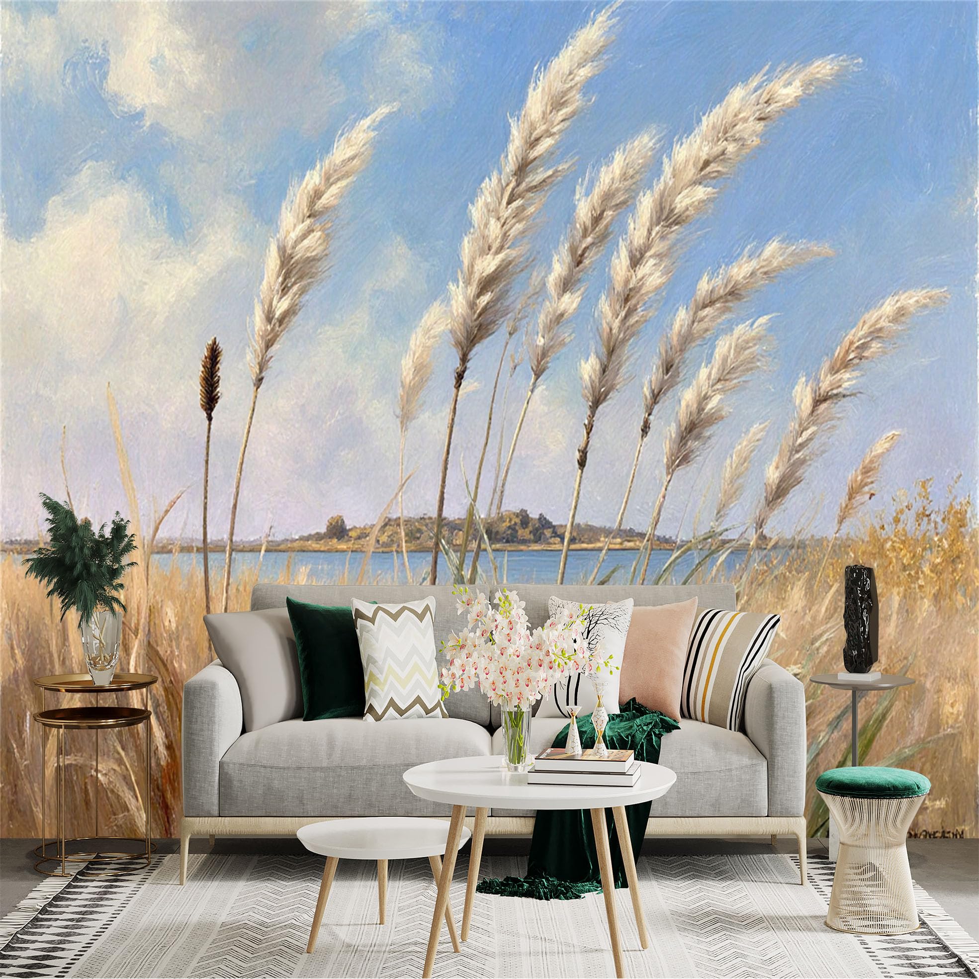 Custom Size Wall Sticker Mural， Golden Wheat Field with Blue Sky and Lake View Landscape， for wall Decoration， peelandstick wall Decals.