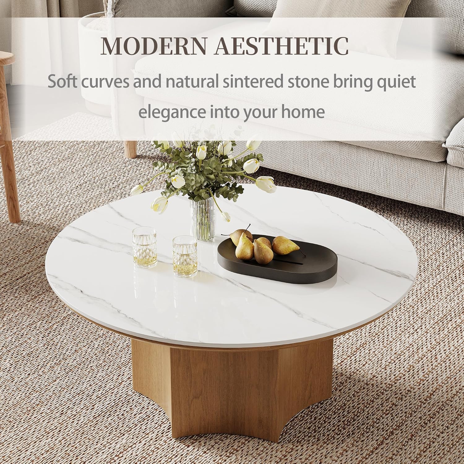 35.43" Modern Round Coffee Table for Living Room, Natural Sintered Stone Living Room Table with Wood Hexagon Base, Circle Tea Center Table for Home Office