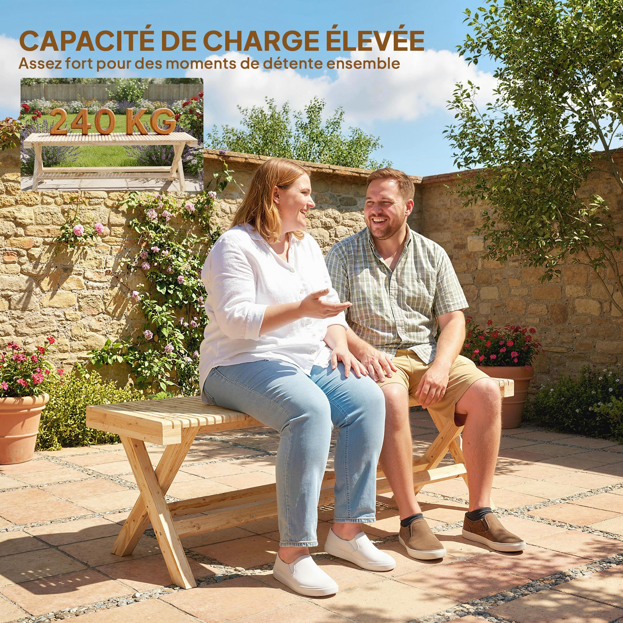 Outsunny - Banco de jardín de madera maciza, banco de jardín con asiento de lamas efecto madera, sin respaldo, para patio, balcón, parque, capacidad 240 kg, 140 x 40 x 43 cm, efecto madera natural