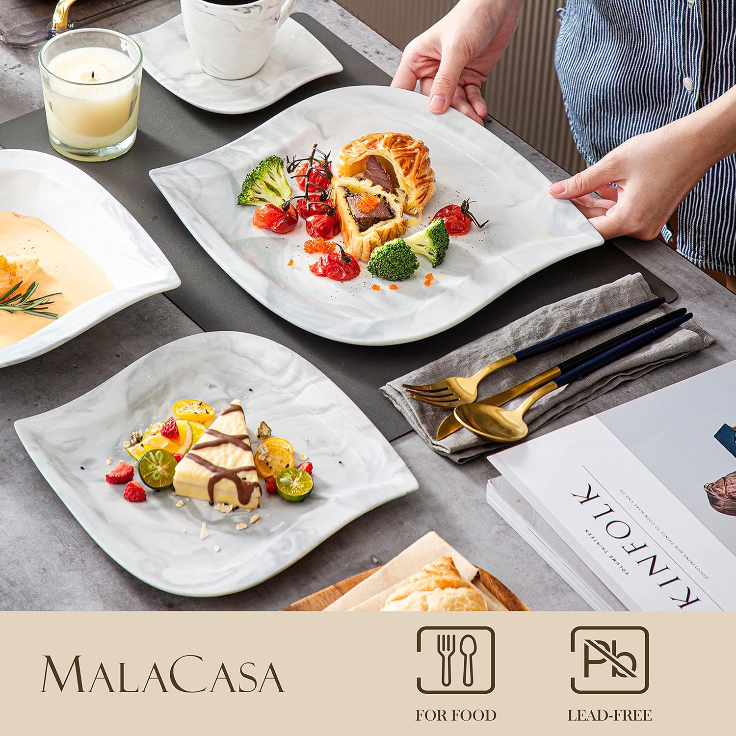 MALACASA Marble Grey Dinnerware Sets, 30-Piece Porcelain Dinnerware Set, Modern Plates and Bowls Set with Dinner Plate, Dessert Plate and Salad Pasta Bowl, Cup and Saucer, Service for 6, Series Elvira - Image 3