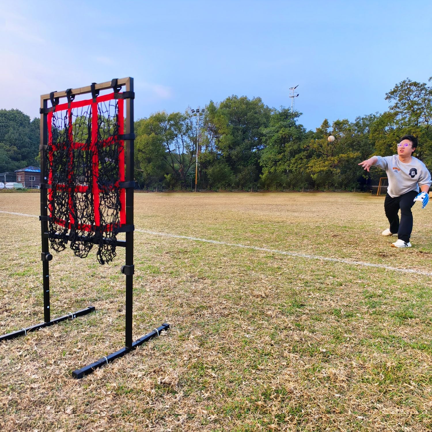 9 Hole Baseball Pitching Net with Strike Zone, Portable Baseball Softball Pitching Target with Adjustable Height, 4 Ground Stakes and Carry Bag for Throwing, Batting and Hitting