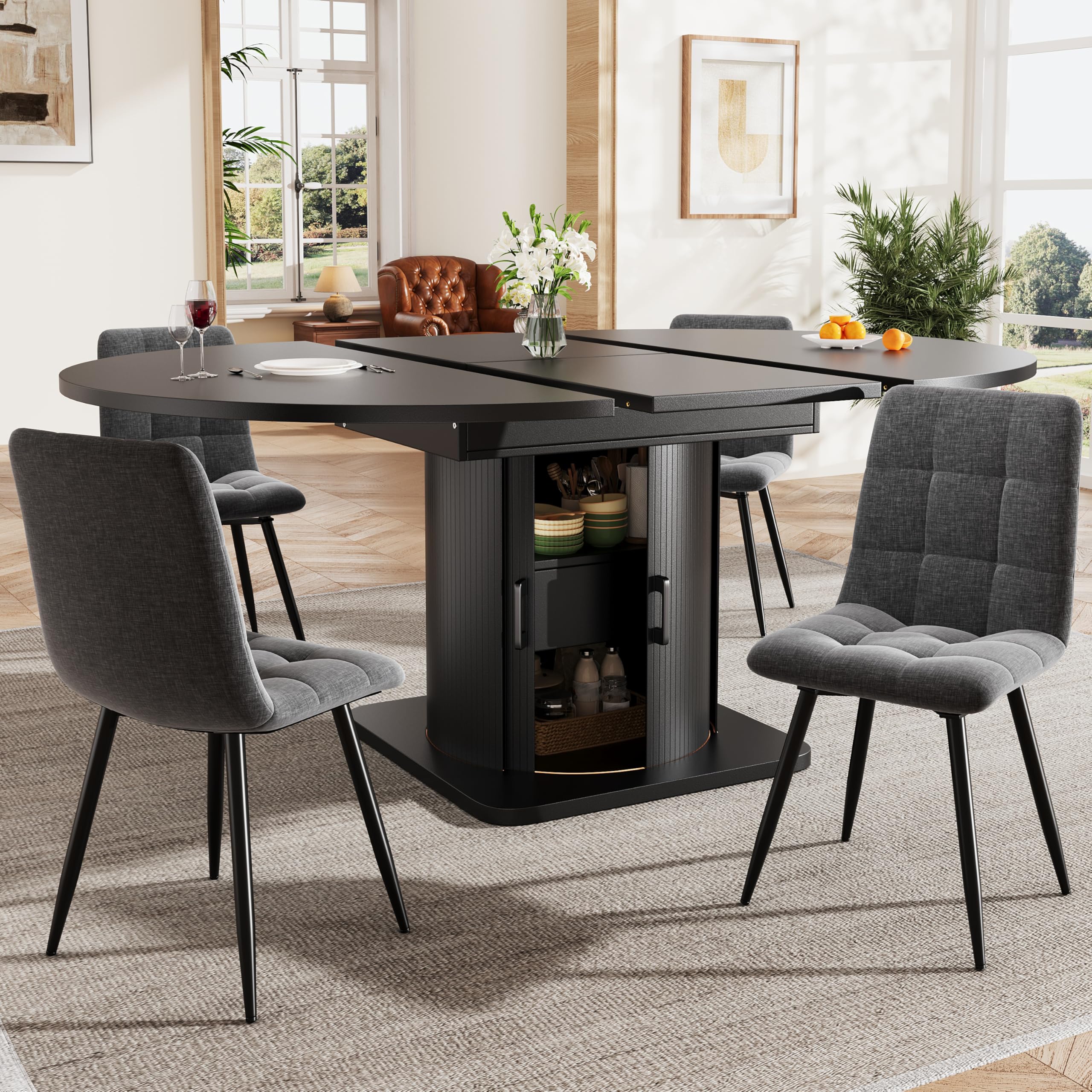 FammyLoft Essgruppe mit 4 Stühlen(5-teilig), Esstisch Set mit Rund Esszimmertisch Ausziehbar(118 x 158cm) für 4-6 Personen, Dining Table Set mit Schubladen, für Küchen und Esszimmer, Schwarz Küche, Haushalt & Wohnen