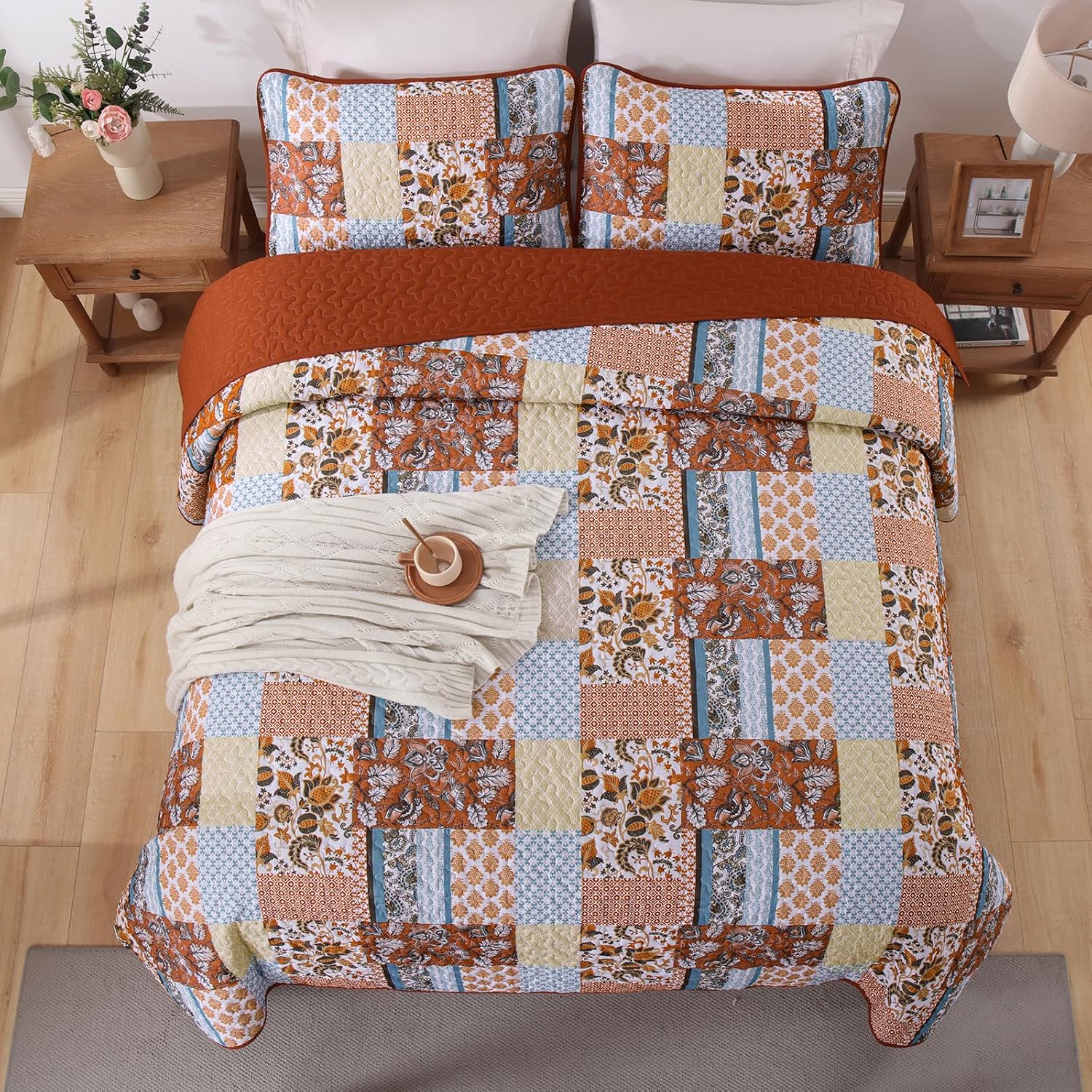 WONGS BEDDING Burnt Orange Quilt Set Queen Size, 3 Pieces Patchwork Plaid Bedspread Coverlet Set, Floral Soft Microfiber Bedding Set for All Season(96"×90")