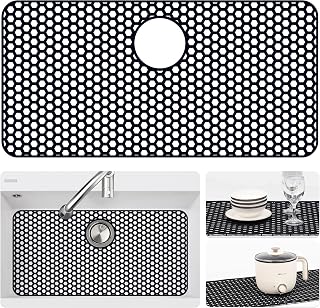 Silicone Sink Protectors for Kitchen Sink with Rear Drain - 28.3"x 15.7" Kitchen Protector Accessory, Non-Slip Heat Resistan Mat for Bottom of Farmhouse Stainless Steel (Rear Hole, Black)
