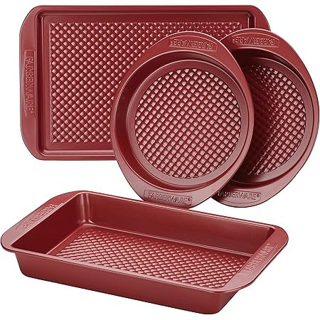 Farberware Nonstick Bakeware Set with Nonstick Cookie Sheet / Baking Sheet, Baking Pan and Cake Pans - 4 Piece, Red