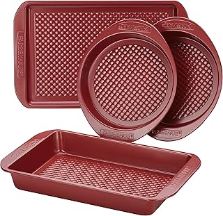 Farberware Nonstick Bakeware Set with Nonstick Cookie Sheet / Baking Sheet, Baking Pan and Cake Pans - 4 Piece, Red