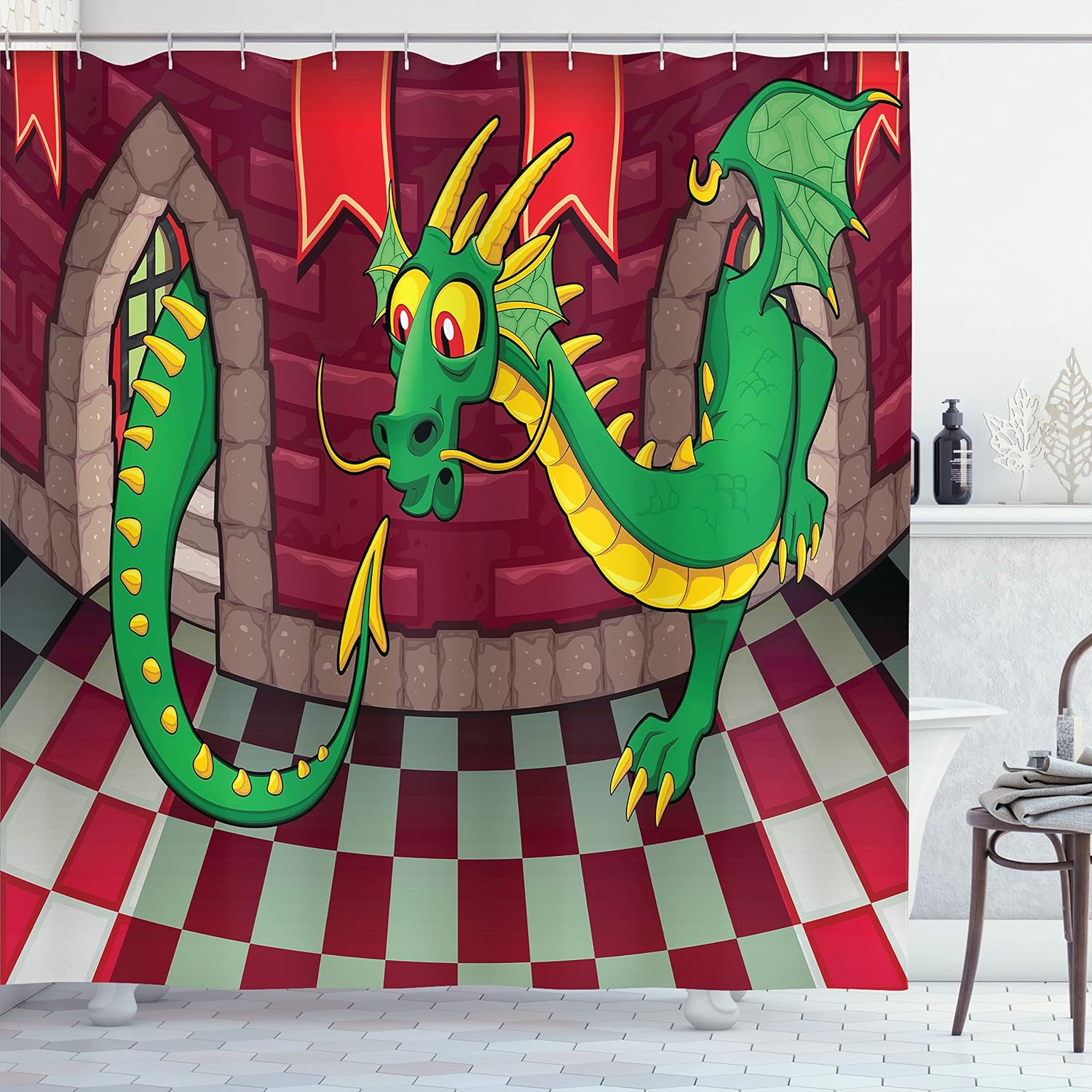 Ambesonne Cartoon Shower Curtain, Video Game Design Inside The Castle with Dragon Fantasy World Medieval Illustration, Cloth Fabric Bathroom Decor Set with Hooks, 69" W x 70" L, Ruby Green
