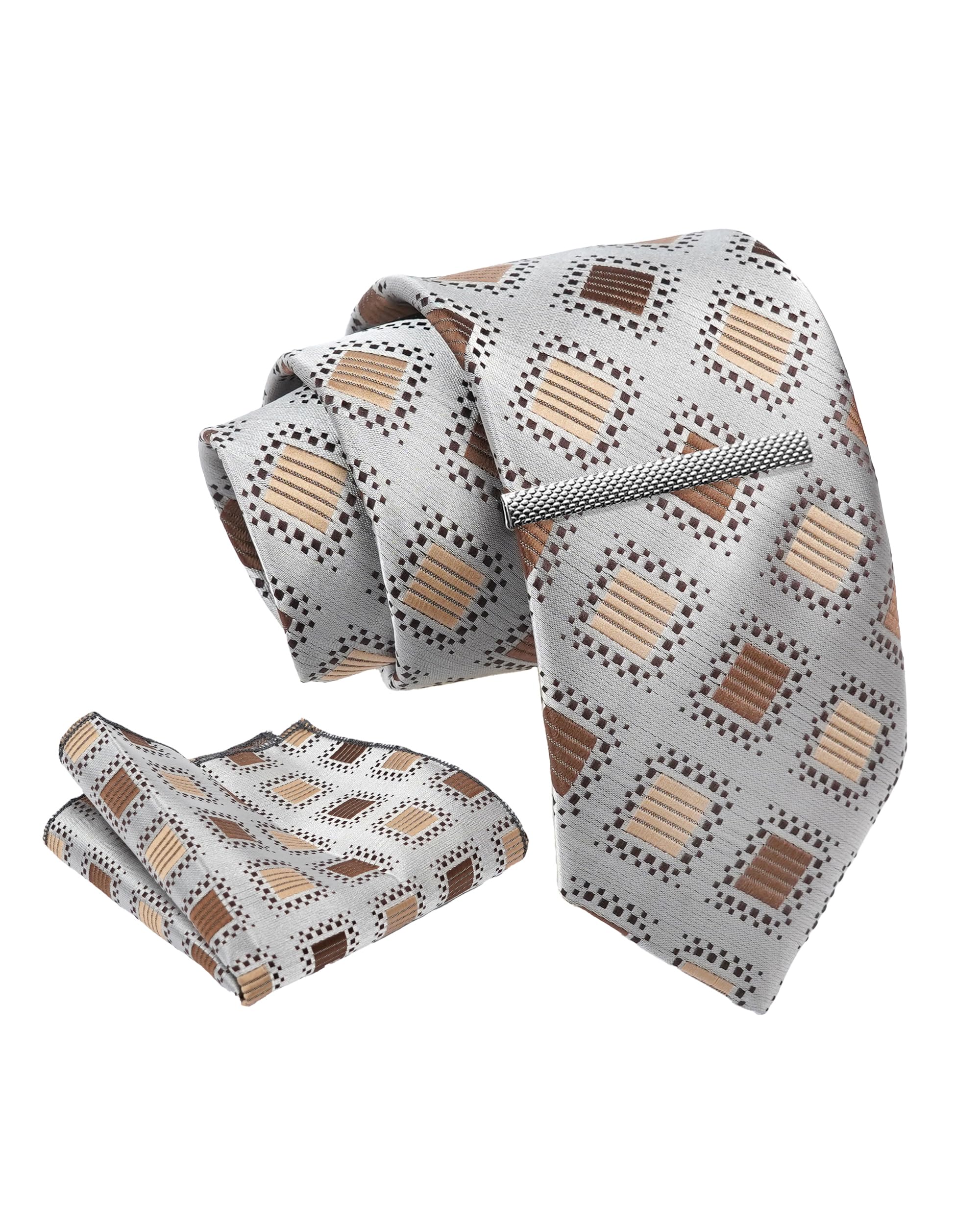axlon Tie for Men – Dotted Silk Neck Ties Set with Cufflinks Flower Pin, Pocket Square & Black Gift Box, Combo Necktie Sets for Office Wear, Formal Suits & Weddings (Metallic Silver, NXSMX_39)-picture-21