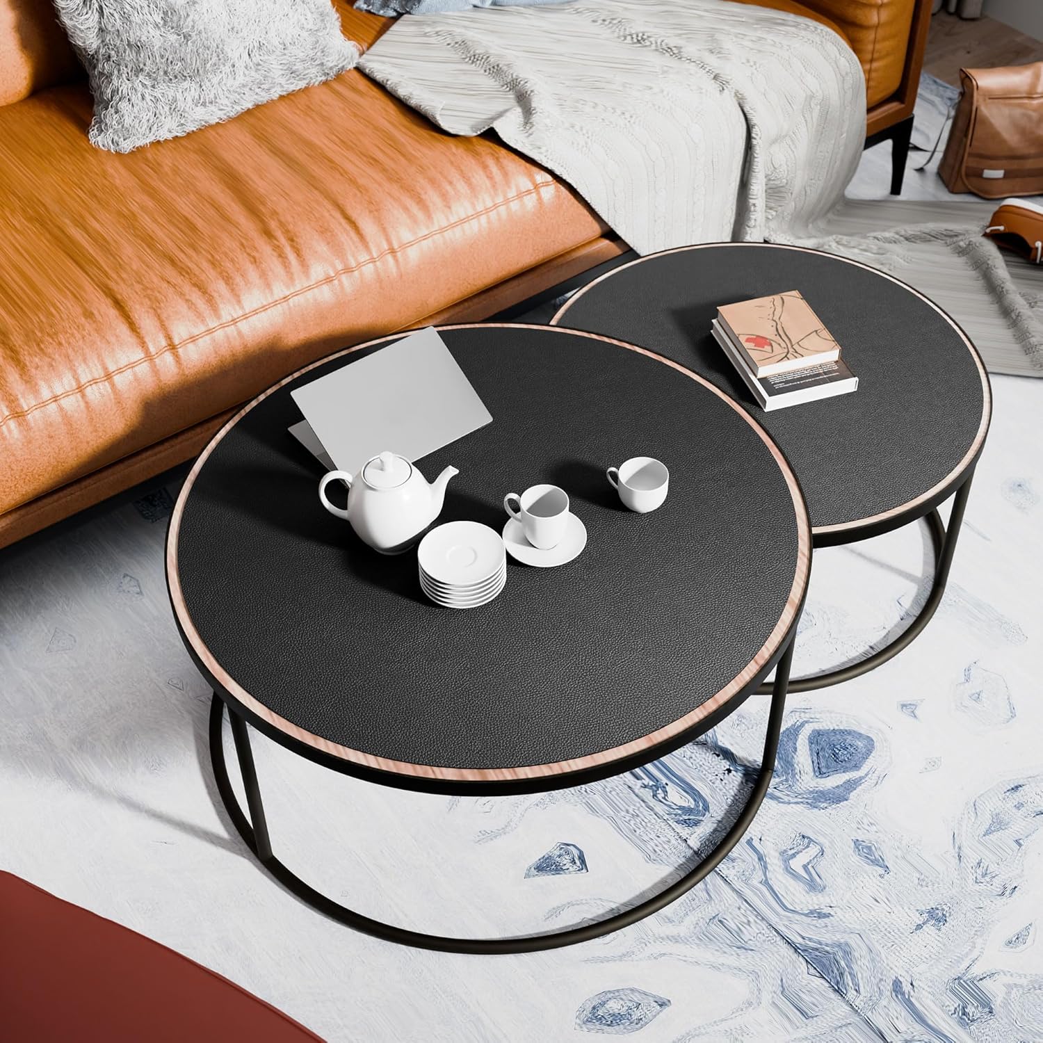 MAIDERN 30 Inch Round Cork & Leather Placemats, Cuttable Size (24-30 Inch), Trimmable Dining Table Mat, Heat Resistant/Non-Slip Table Cover for Kitchen, Office, or Restauran (Black)