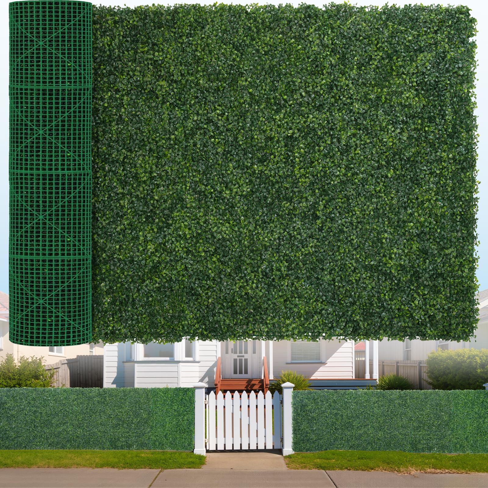 Photo 1 of Artificial Boxwood Roll, 71x126 in(62 sqft) UV-Anti Faux Ivy Hedge Grass Wall Panels for Patio and Balcony Privacy, Fake Greenery Backdrop Decor for Fence, Garden, Backyard