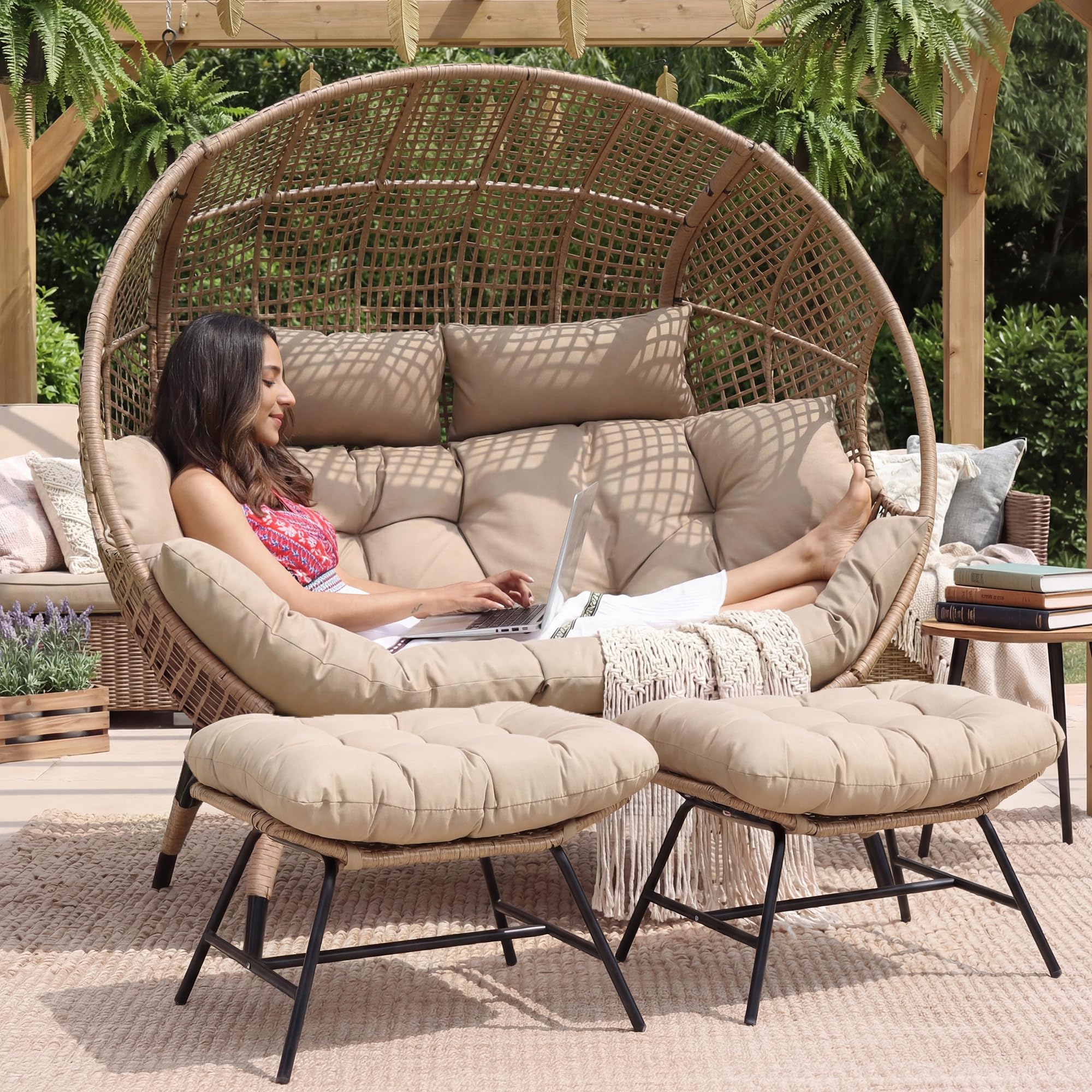 NICESOUL Double Egg Chair with Footstools & Cushions, Oversized Wicker Boho Chair Extra Large with Footrests Stationary 2 Person Loveseat Comfort Deep