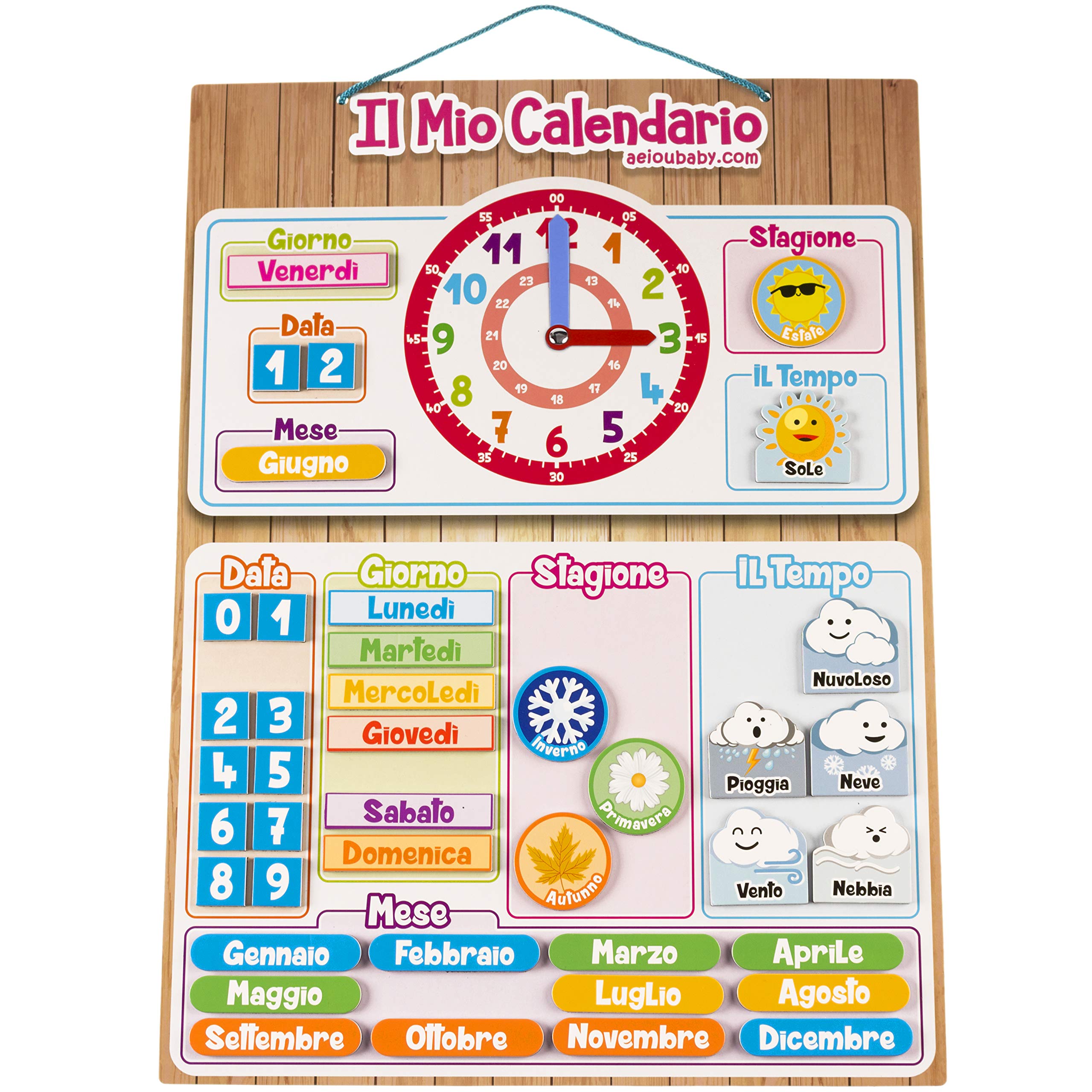 CALENDARIO OROLOGIO magnetico per bambini, Gioco educativo Data Tempo e Ora per Parete o Frigorifero, 43x32cm. Scatola ideale come regalo di compleanno per bambini a scuola o asilo nido (Italiano)