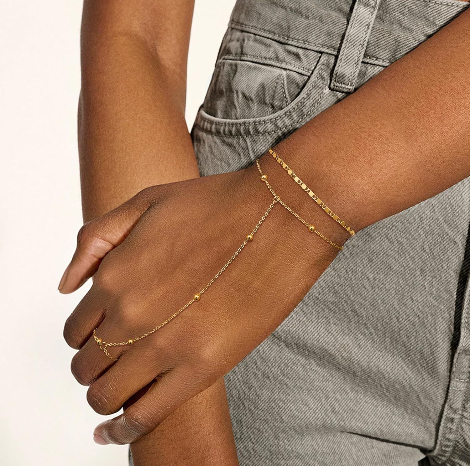 Moodear Dainty Ring Bracelet Hand Chain for Women - 14K Gold Plated/Sterling Silver Layered Adjustable Satellite Bead Paperclip Dot Link Hand Chain Bracelets Non Tarnish Trendy Jewelry Gift - Image 2