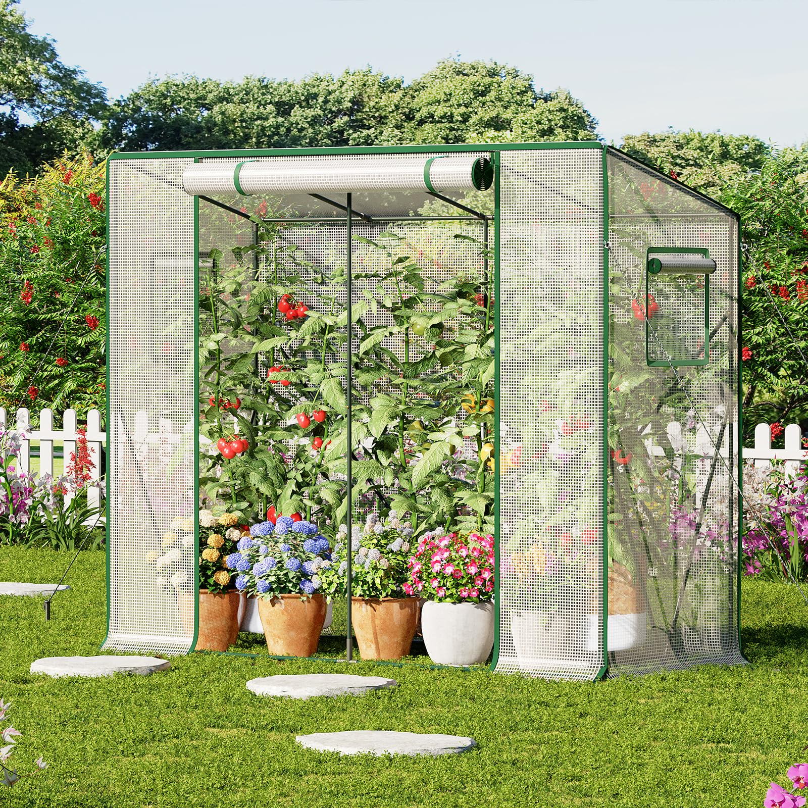 LARMNEE Tomaten Gewächshaus, Foliengewächshaus, Tomatengewächshaus Balkon, Tomatenhaus Stabil, 200 x 77,5 x 170 cm, mit PE Gitterfolie und Fernster, Schrägdach, Garten, Weiß EWT30GH02G3