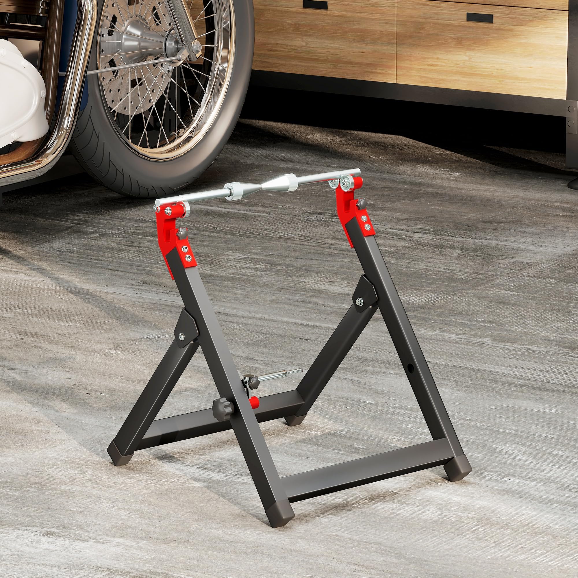 HOMCOM Bilanciatore manuale di ruote moto alluminio e acciaio bilanciamento danni ruote pieghevole con chiave a raggi, compatibile fino a 21 pollici, nero