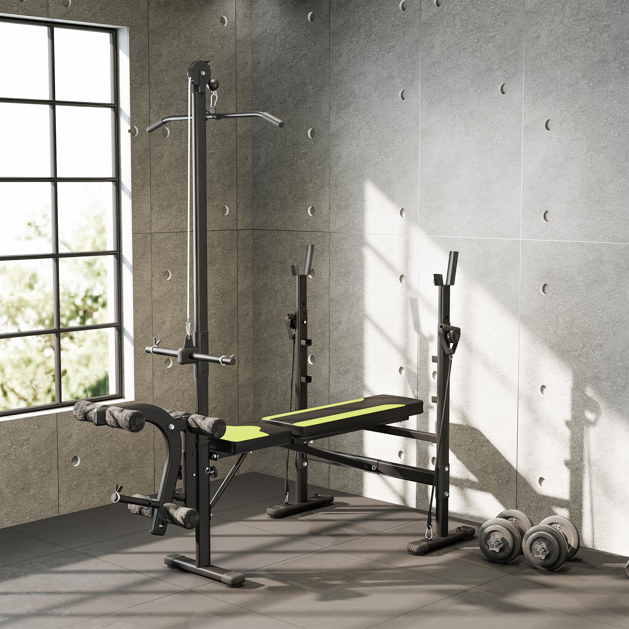HOMCOM Banco de Pesas Multifuncional Banco de Musculación Reclinable con Altura Ajustable para Fitness Entrenamiento Completo en Gimnasio y Casa Carga 250 kg 175x110x202 cm Negro