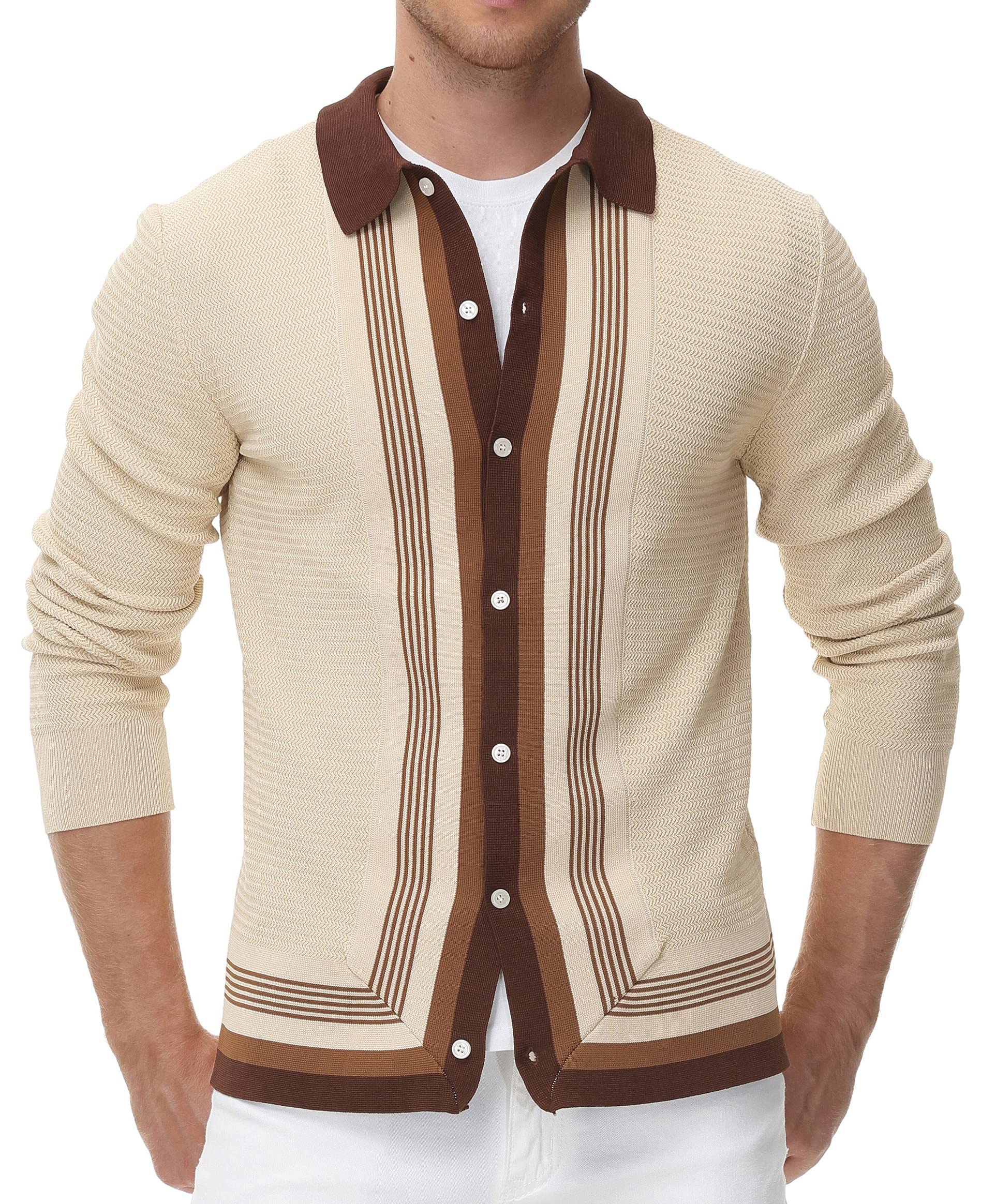 PJ PAUL JONESMens Long Sleeve Button Down Knitted Cardigan Sweaters Stripe Polo Shirts
