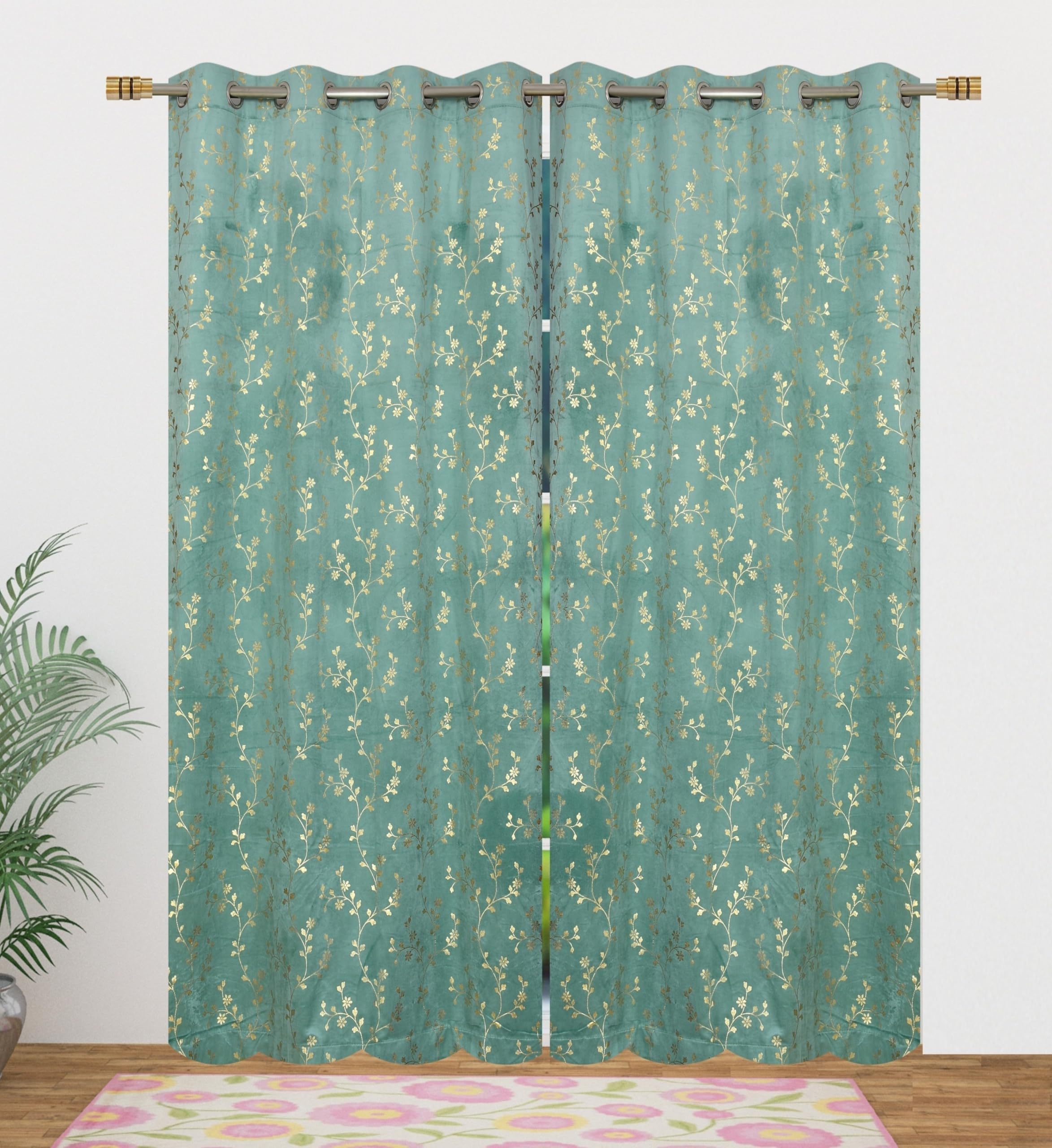 Heavy Velvet Fabric Luxury Looks Room Darkening Floral Designer Curtains 5 Feet for Window, Aqua Island, Pack of 2 Pieces